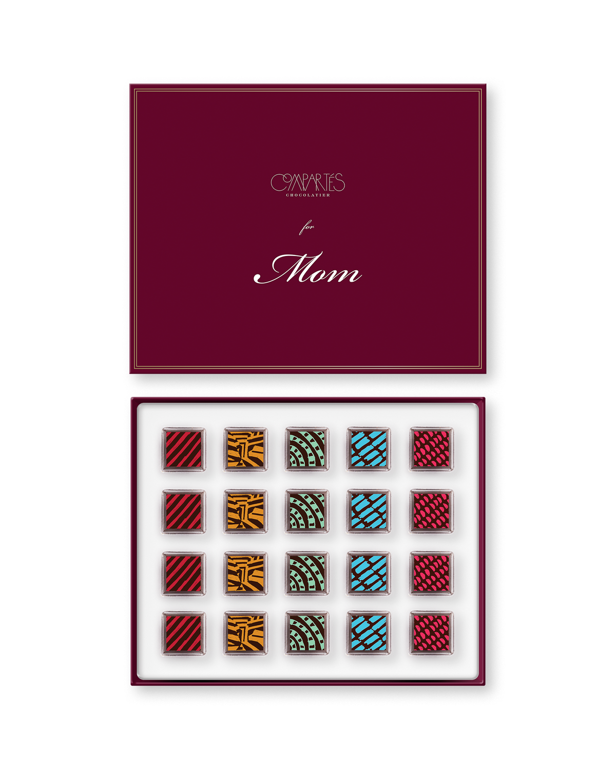 Compartes gourmet Vegan chocolate gift box for Mom, burgundy lid, squares in rich red, gold and blue patterns
