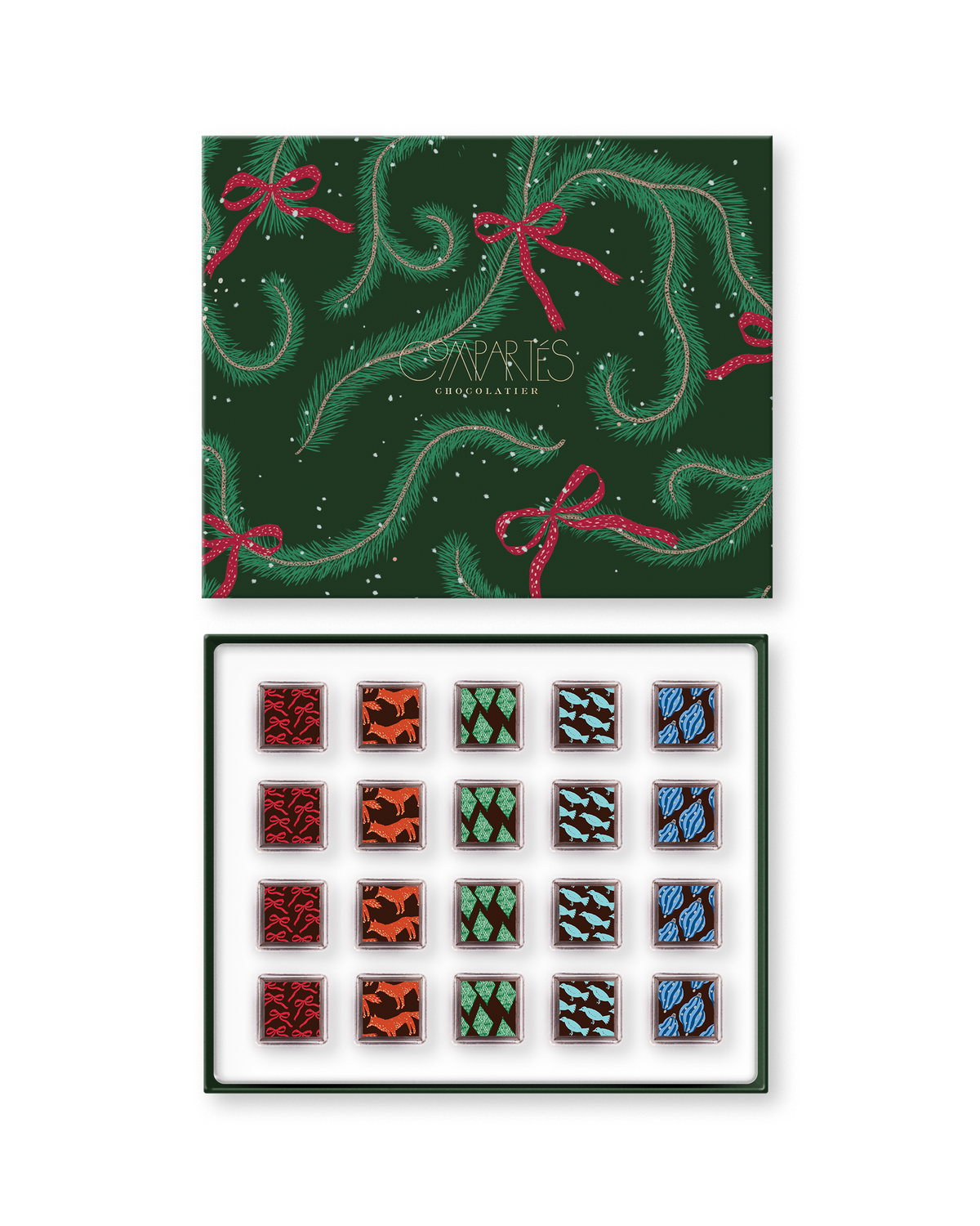 Compartes gourmet Christmas chocolate truffles in a green pine print gift box, squares with deer and pine motifs
