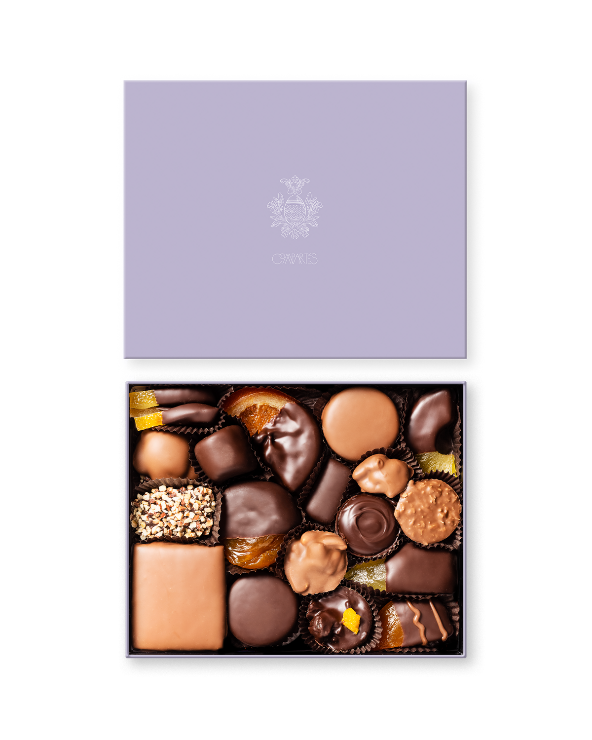 Compartes best Easter chocolates gift box, dark and milk chocolates under a lavender lid