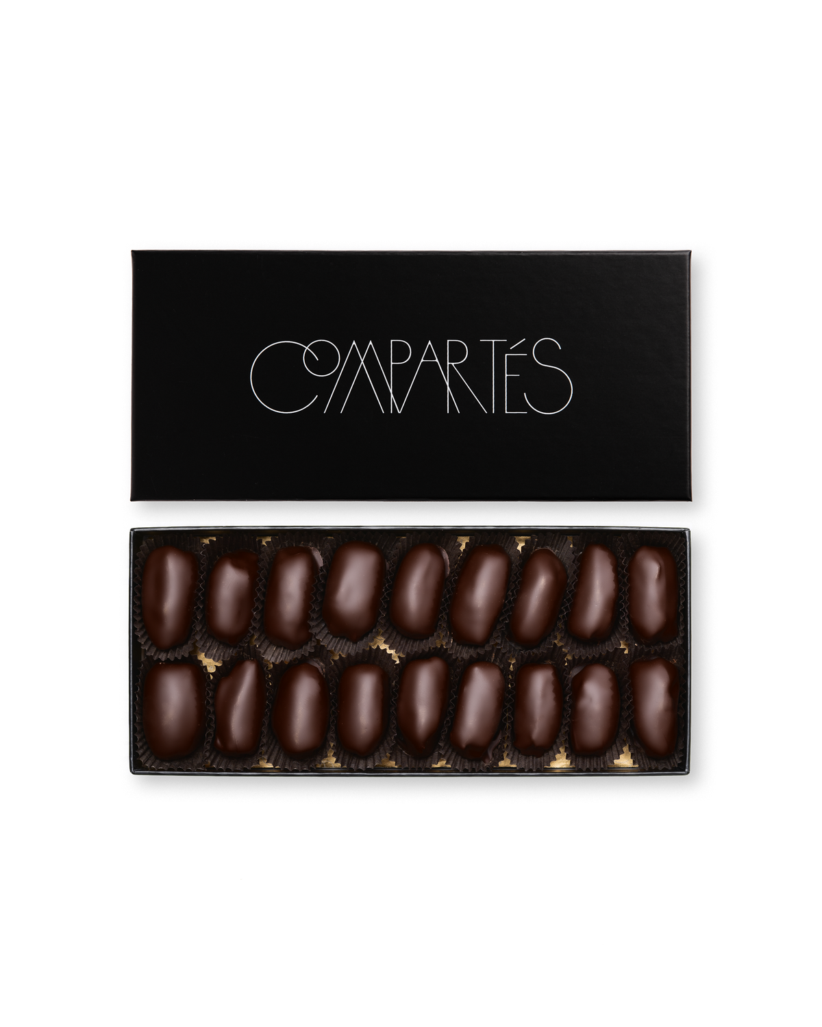 Compartes best chocolate covered dates in a long black gift box, dark chocolate finish