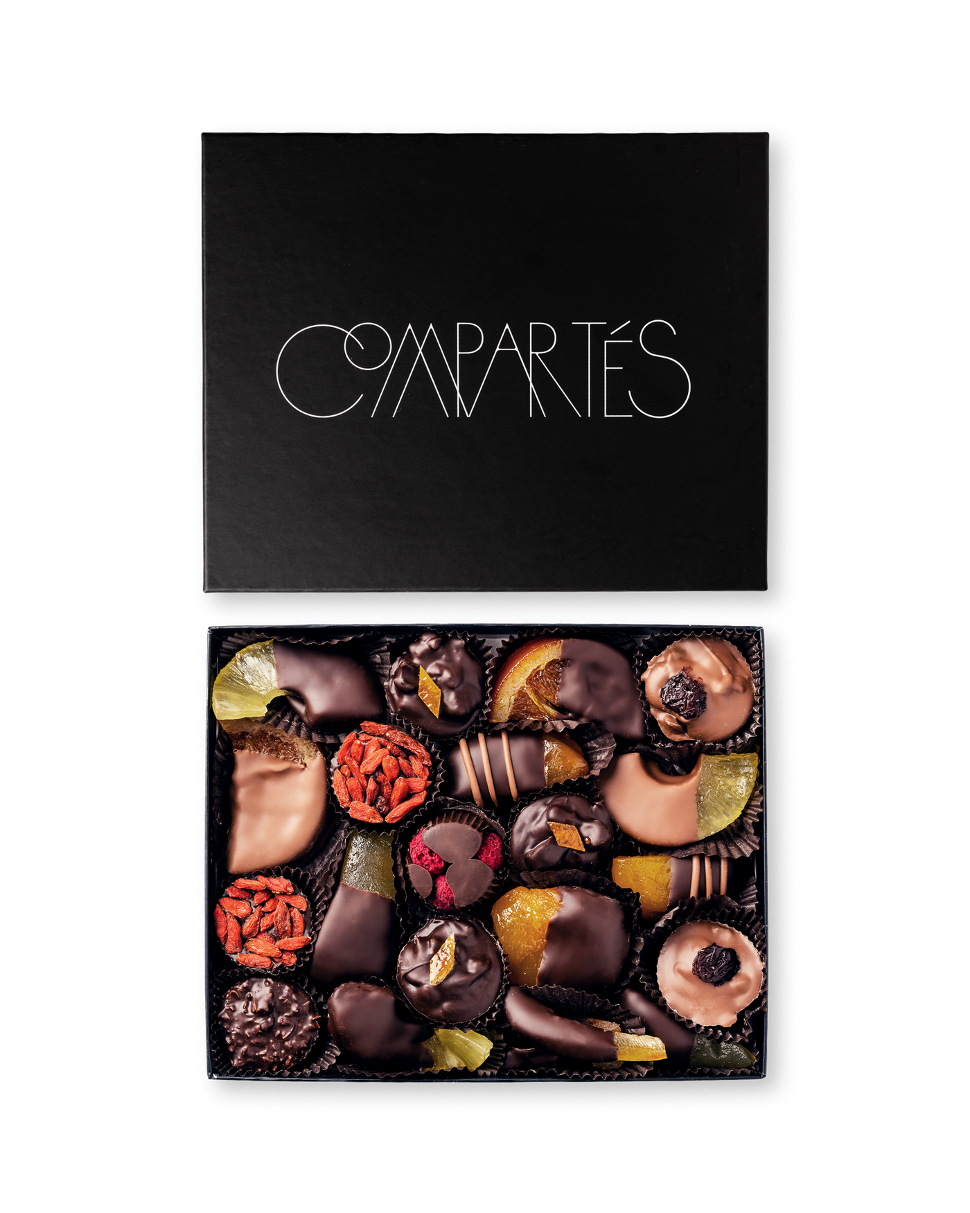 Compartes best chocolate covered fruits gift box, dipped orange, apricot and berries in a black box