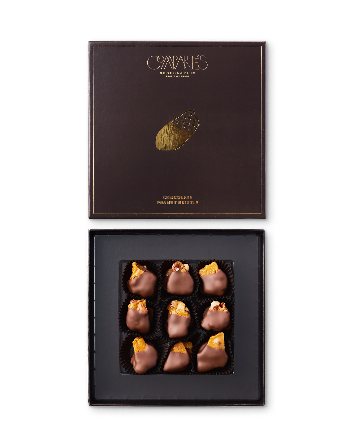 Compartes best chocolate covered peanut brittle gift box, gold brittle pieces, brown and gold box