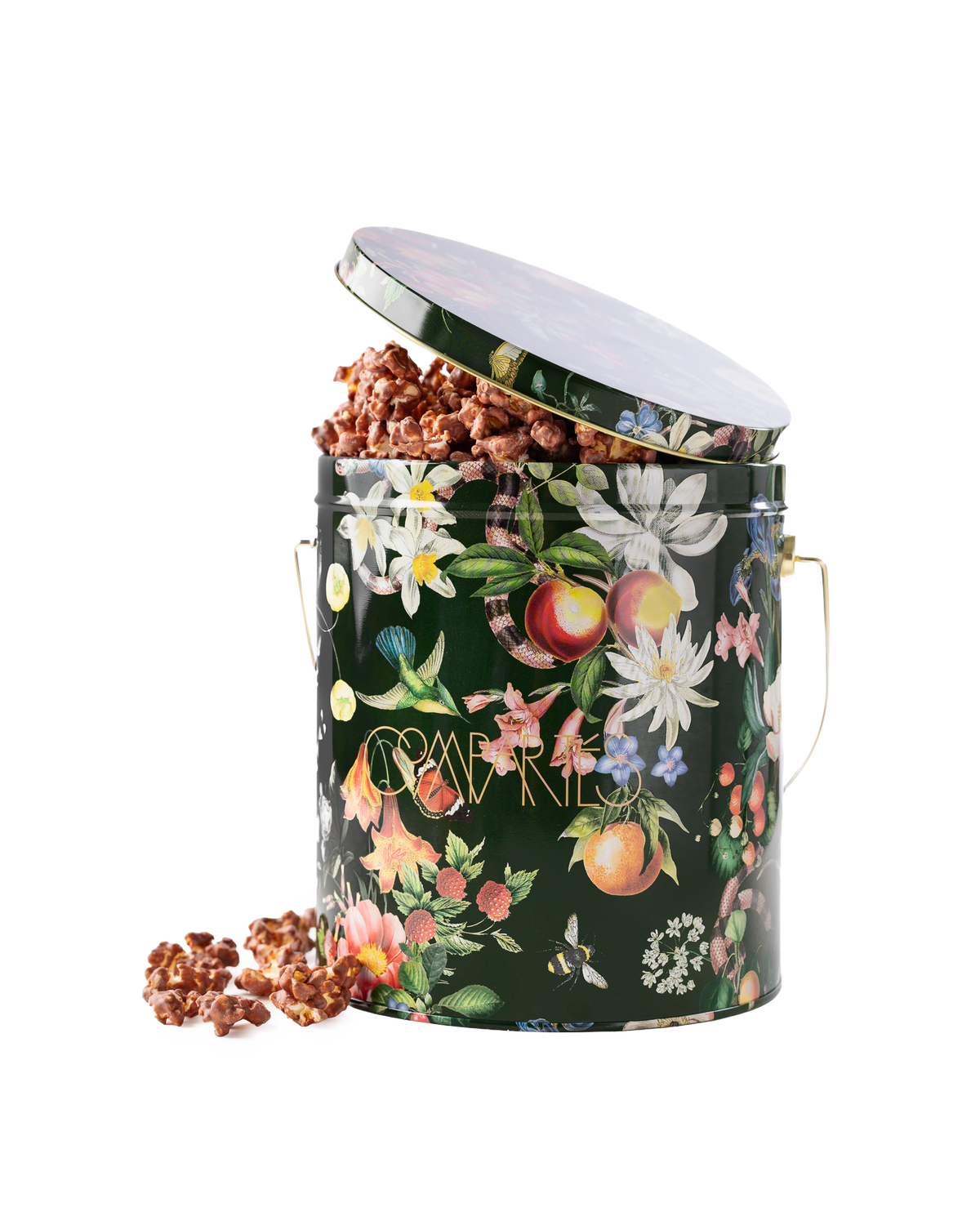 Compartes best chocolate covered popcorn gift, milk chocolate popcorn in a deep green botanical tin