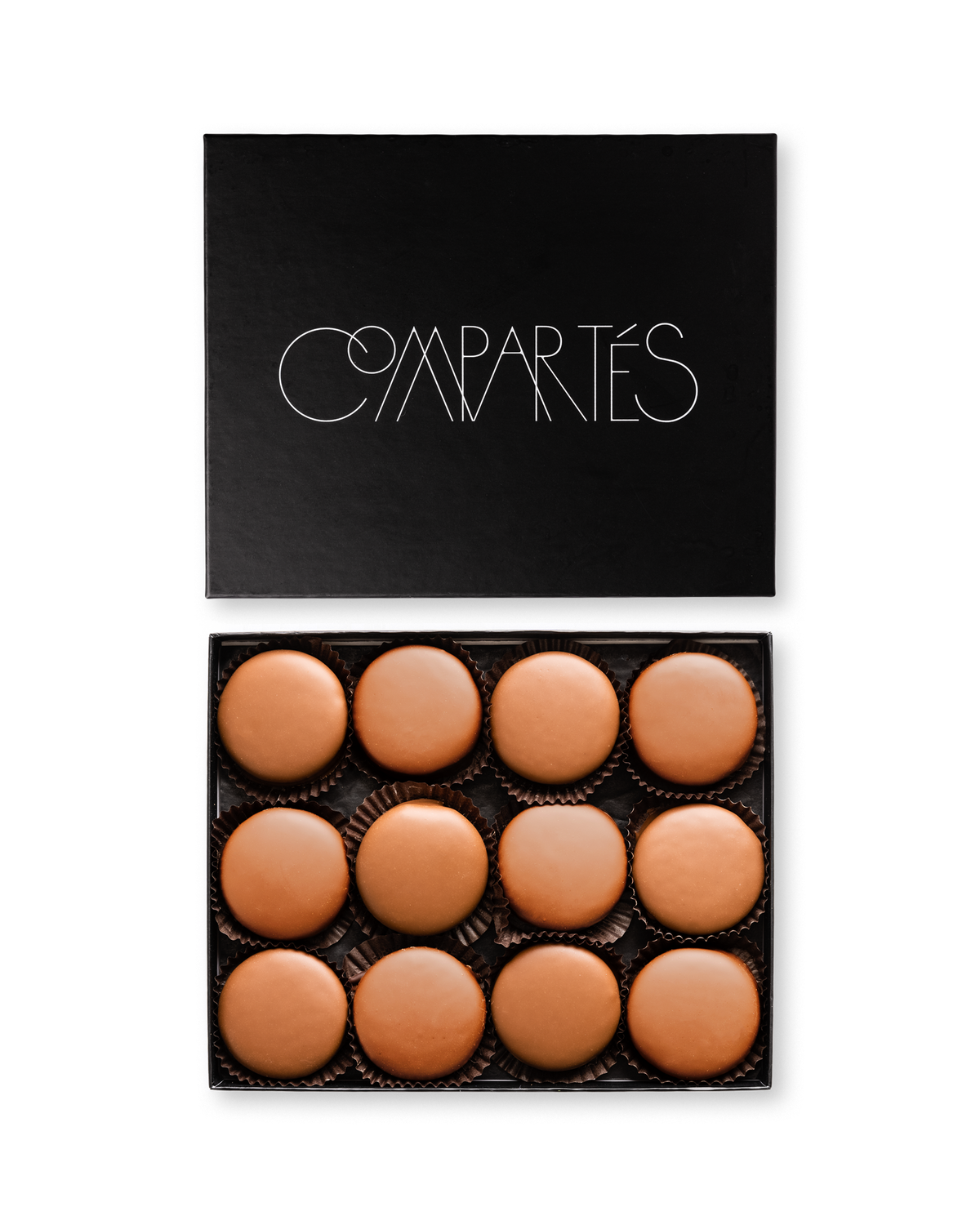 Compartes best milk chocolate dipped sandwich cookies, smooth round pieces in a black gift box