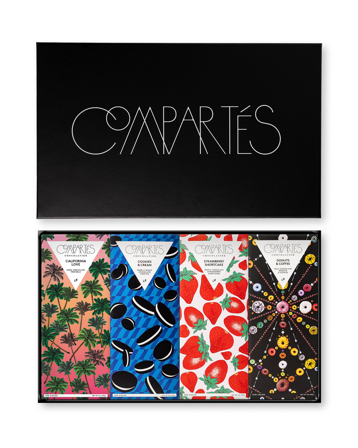 Compartes best selling chocolate bars gift set, bars with palm, cookie and strawberry wrapper art, sandwich cookie and donut