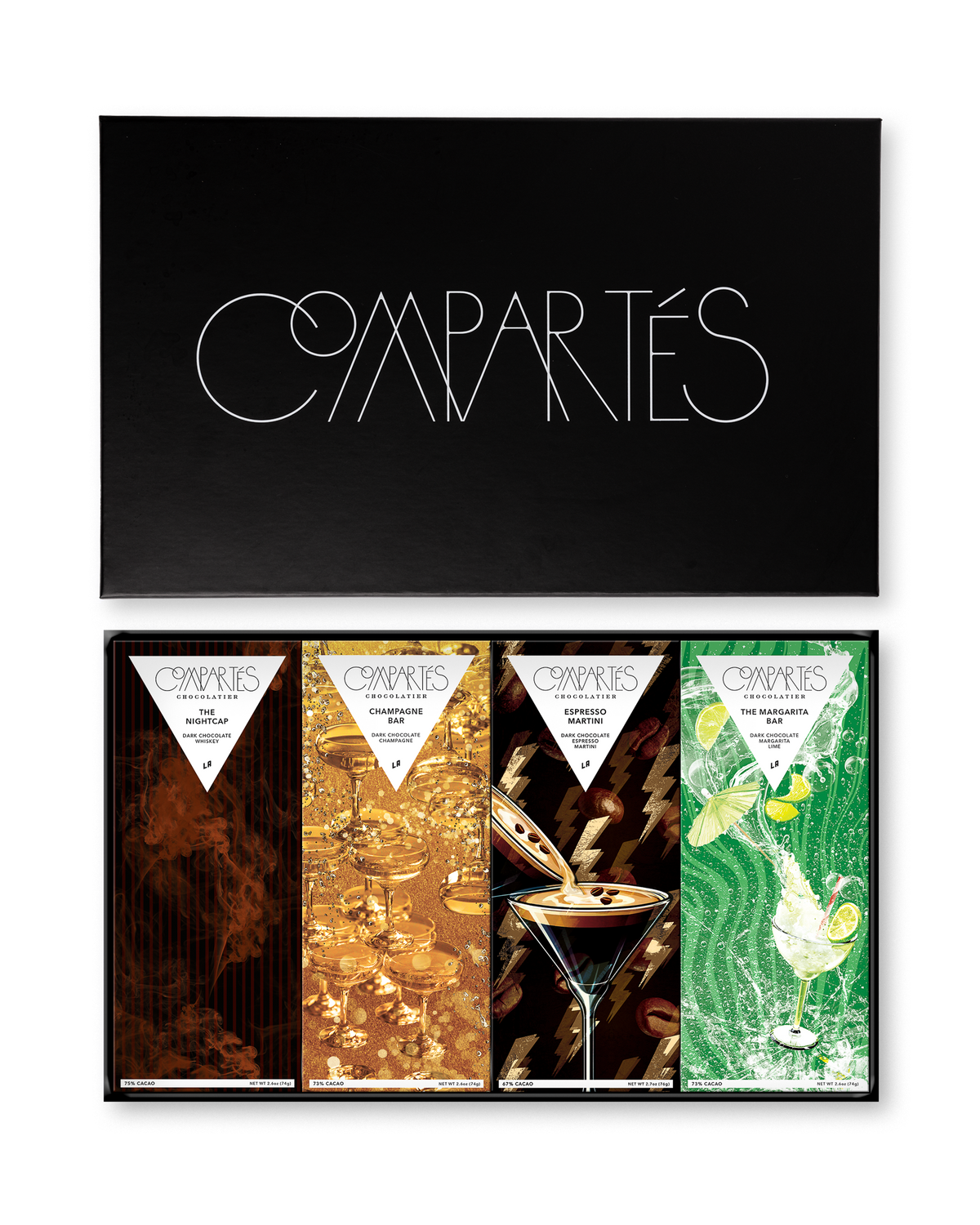 Compartes luxury boozy chocolate gift box, dark chocolate bars in espresso martini, champagne and margarita
