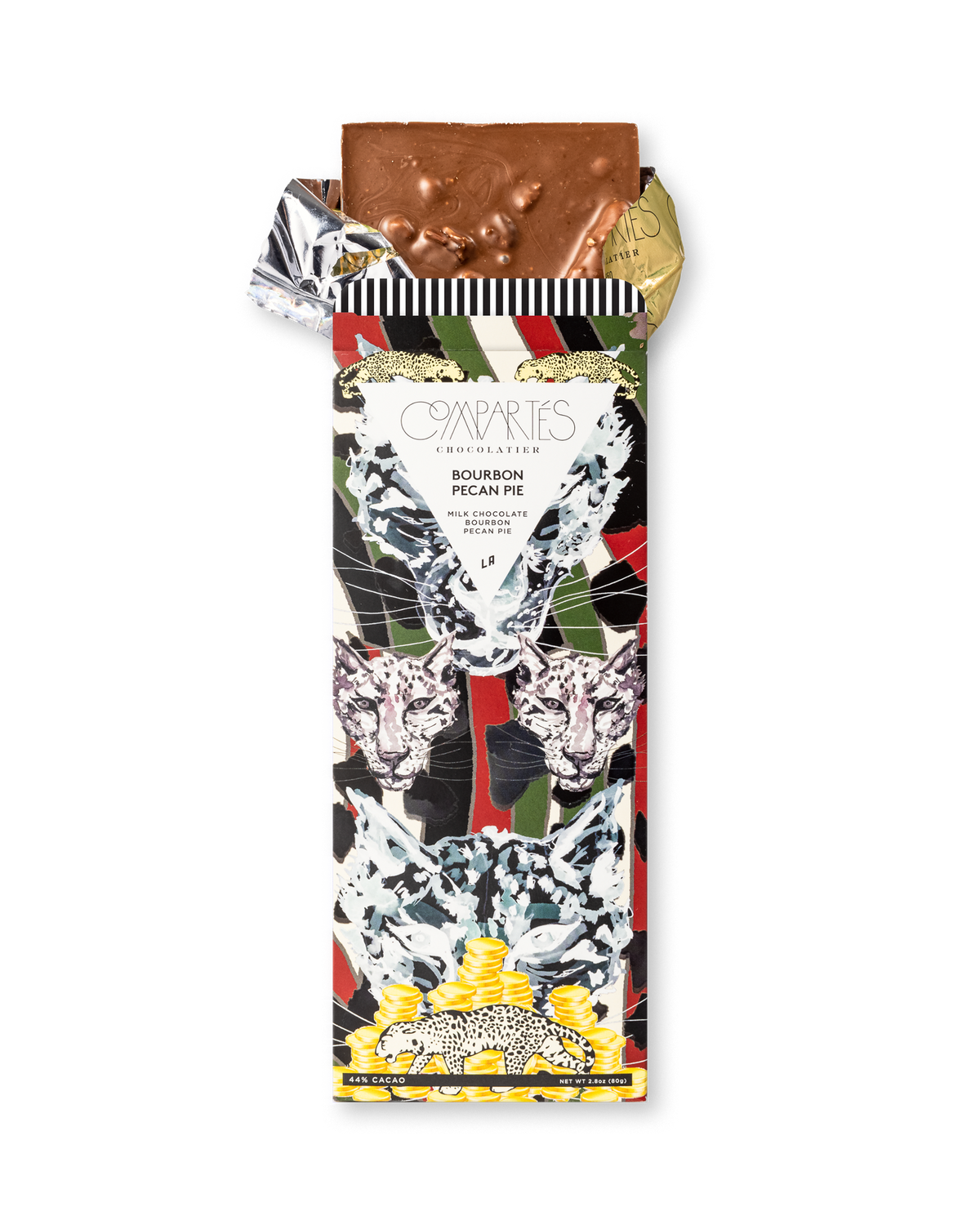 Compartes best bourbon pecan pie chocolate gift bar, leopard wrapper in deep red and green, milk chocolate