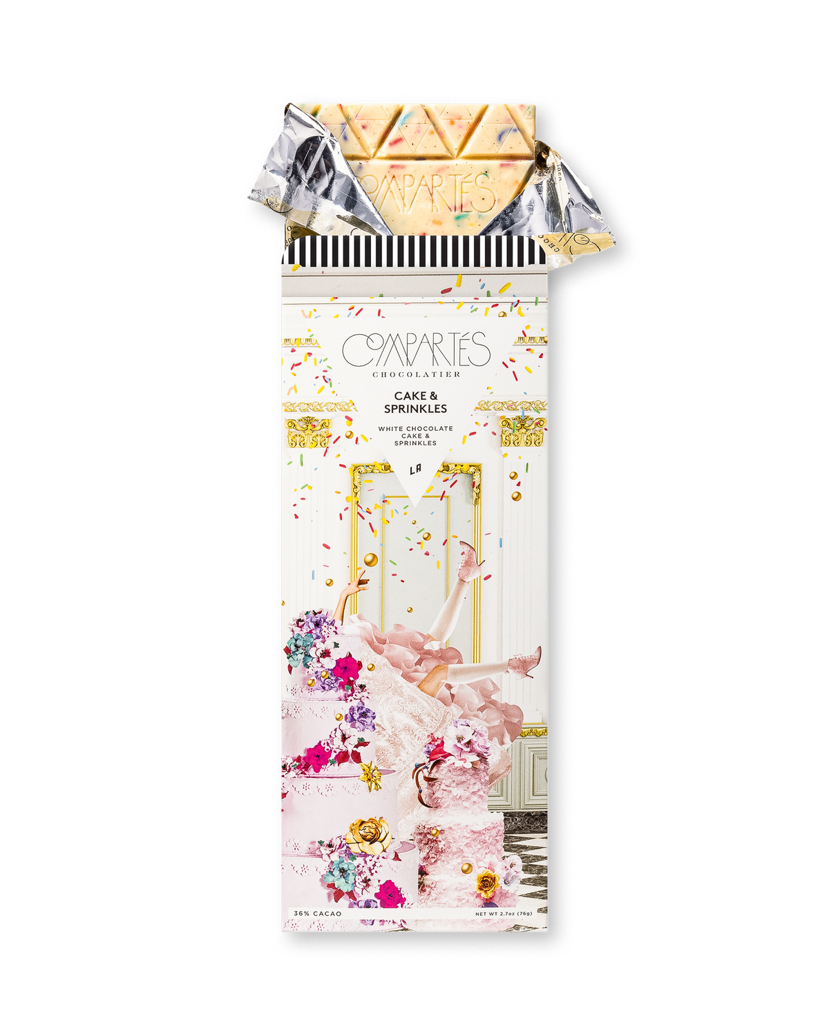 Compartes gourmet cake and sprinkles chocolate bar, white chocolate in a pink cake wrapper, chocolate gift, vanilla