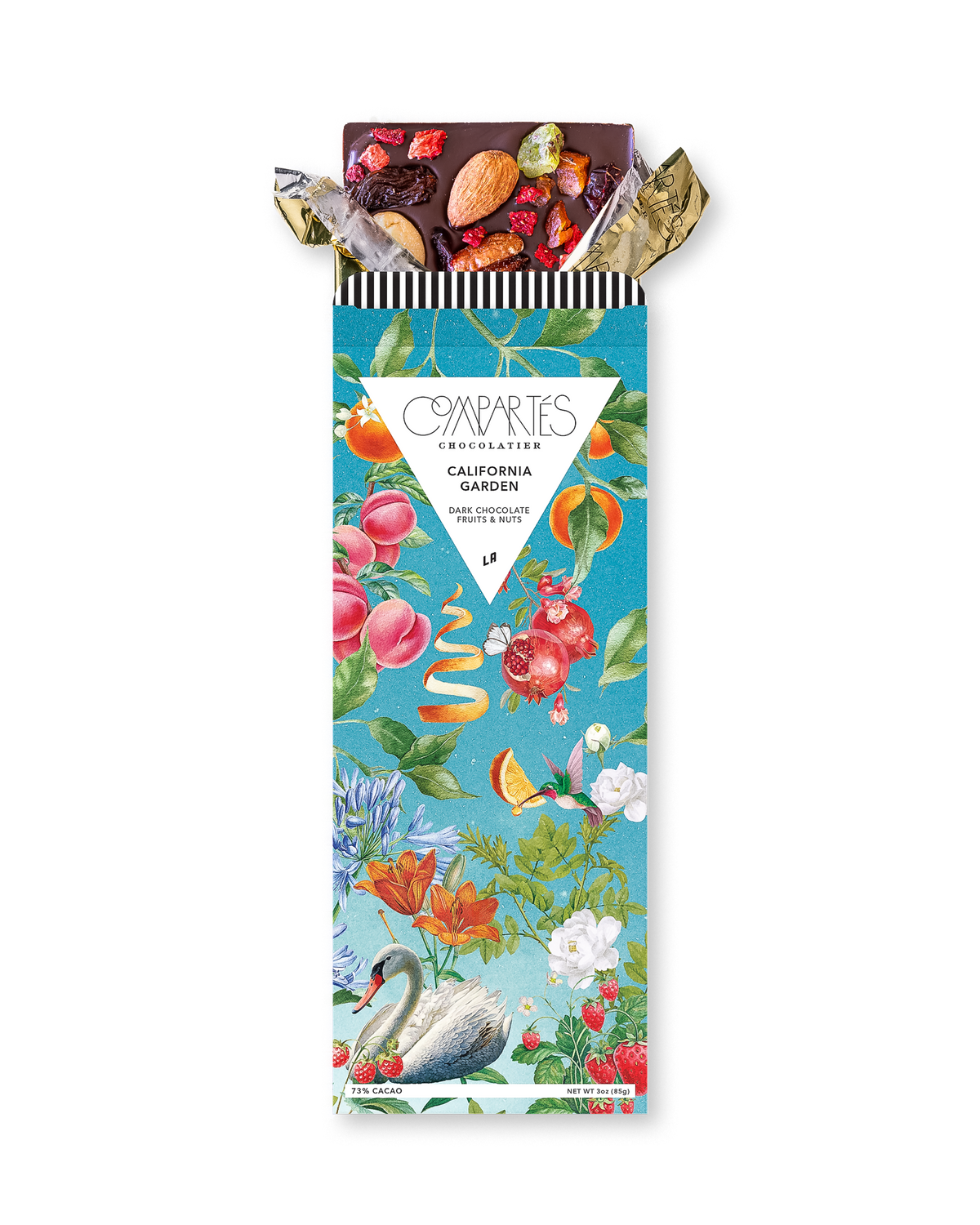 Compartes best chocolate gift bar, dark chocolate with fruit and nuts in a blue garden wrapper, dried fruit