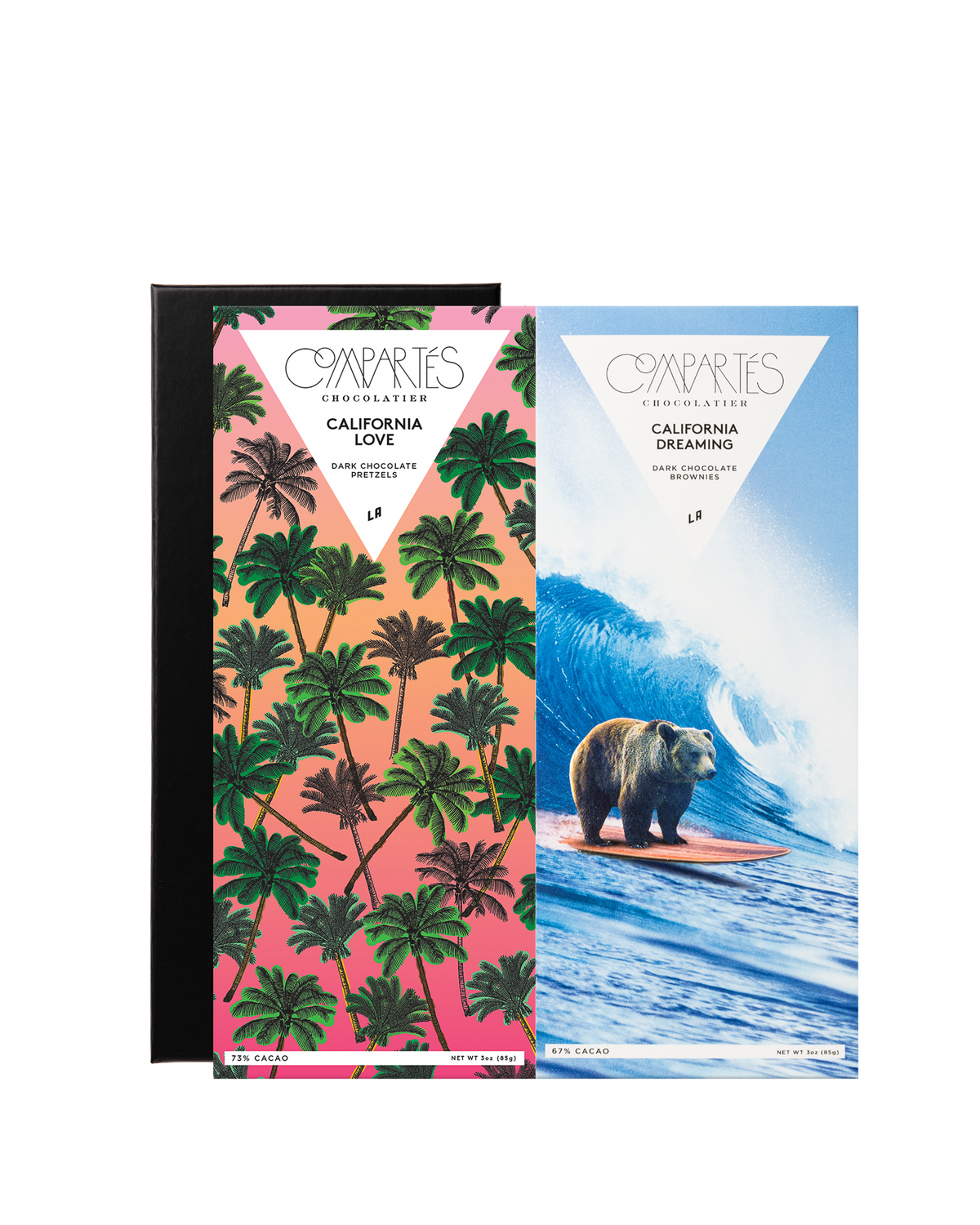 Compartes best chocolate bar gift set, pink palm tree and surfing bear wrappers in a black box, pretzel and brownie