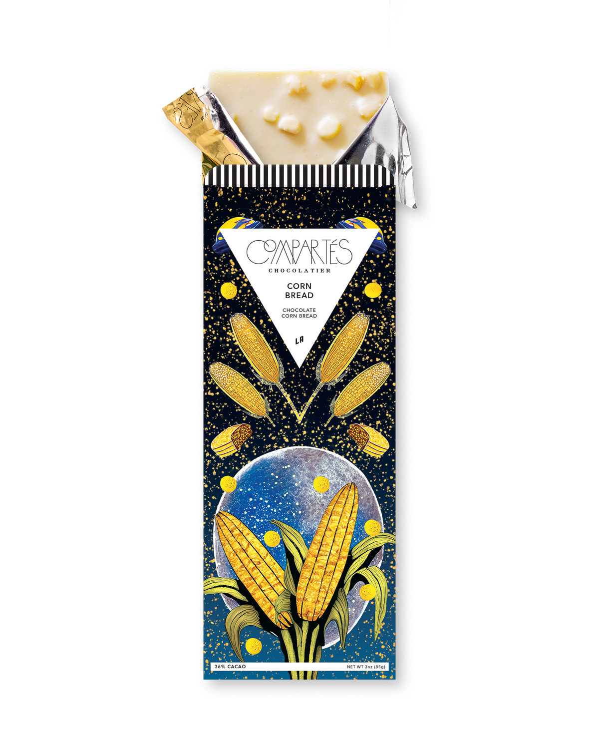 Compartes best chocolate gift bar, white chocolate cornbread in a deep navy and gold corn wrapper, sweetcorn