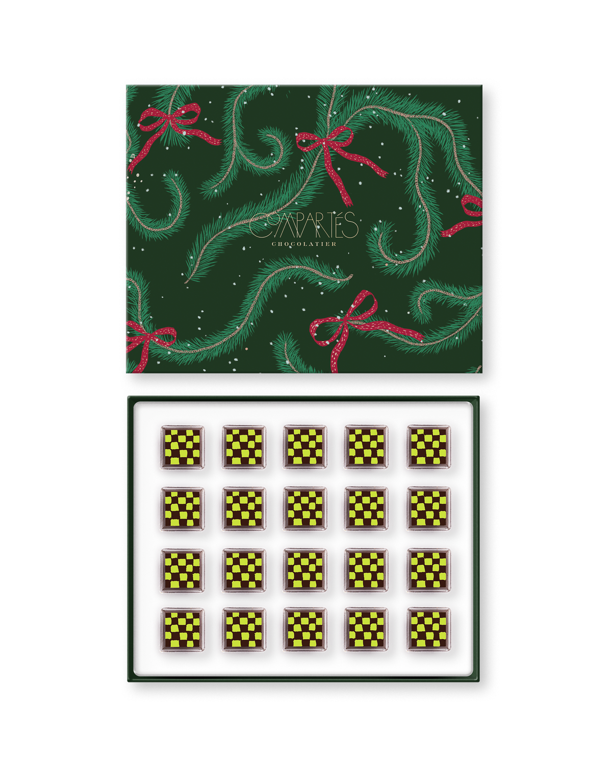 Compartes gourmet Dubai chocolate pistachio bites in a green pine print gift box, squares in deep yellow checks, knafeh
