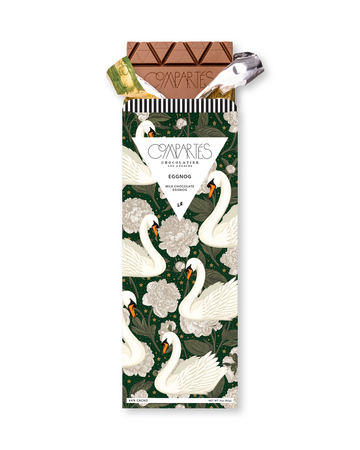 Compartes luxury eggnog chocolate gift bar, swan and peony wrapper in deep green, milk chocolate, nutmeg