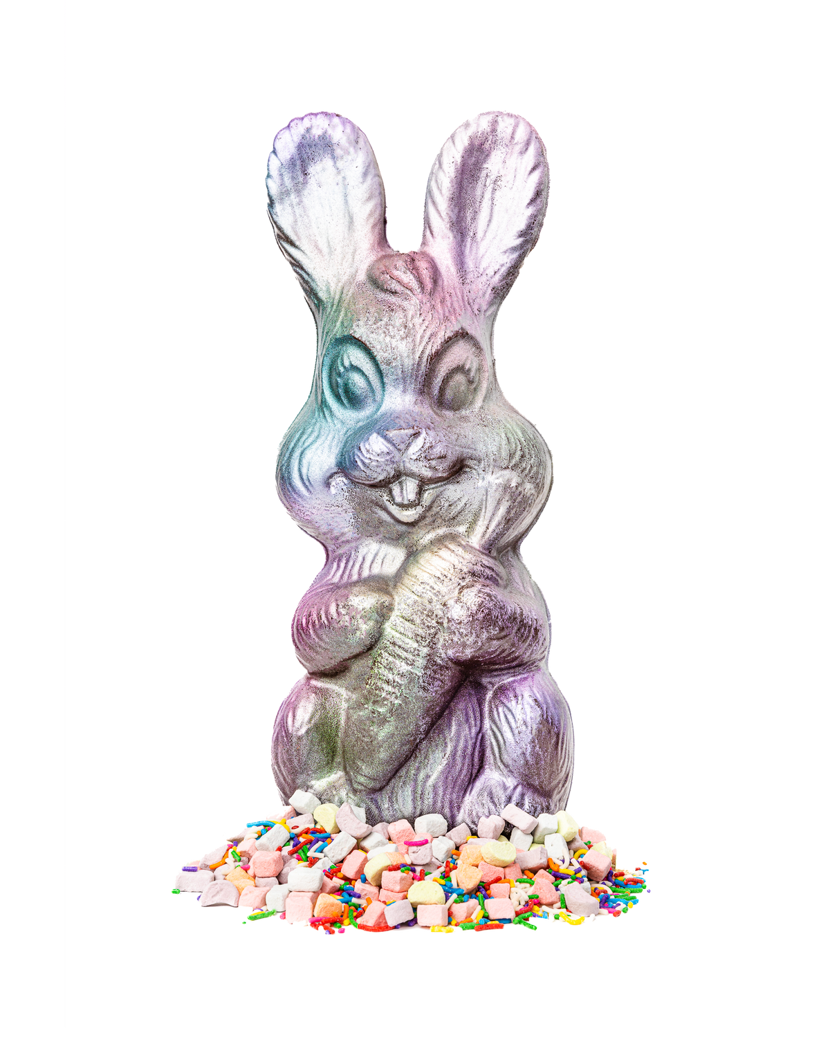 Compartes best chocolate Easter bunny gift, pink and silver finish, marshmallows and sprinkles at its feet