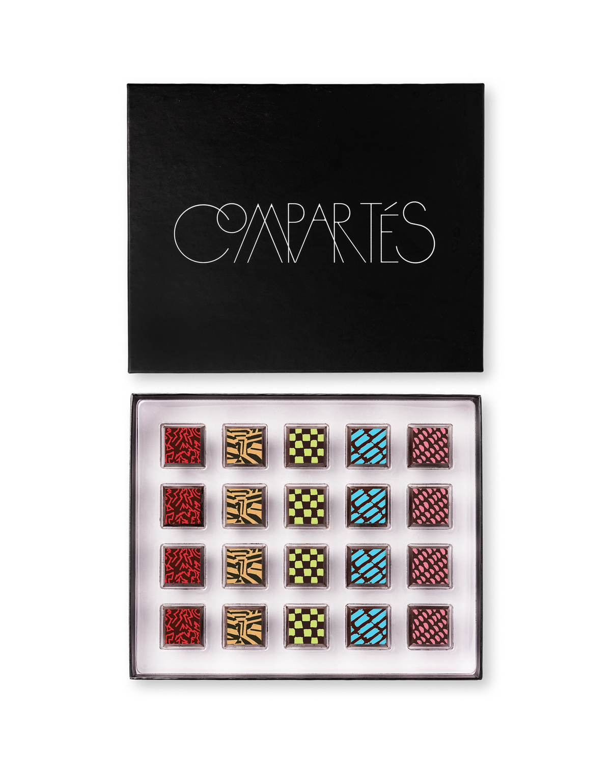 Compartes gourmet gluten free chocolate truffles in a black gift box, squares in rich red, gold and blue patterns