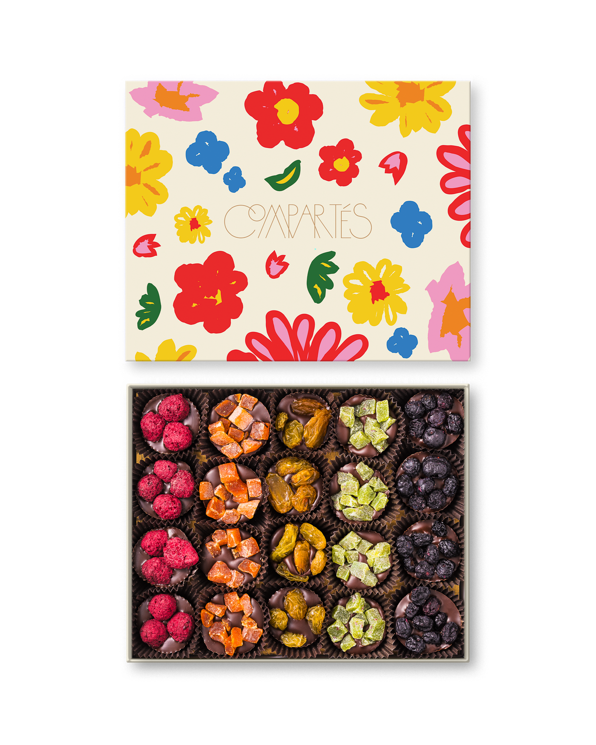 Compartes gourmet vegan fruit cluster chocolate gift box, dark chocolate with dried fruit, cream floral lid