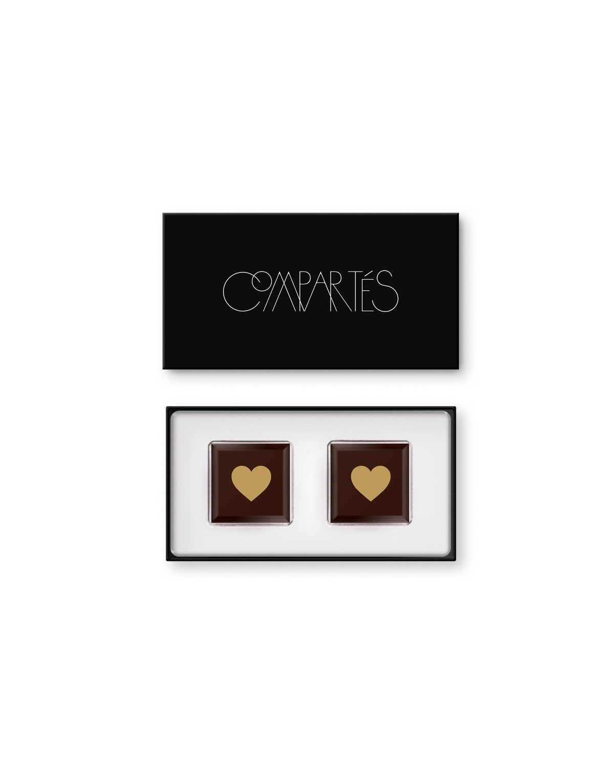 Compartes gourmet chocolate wedding favor, dark chocolate squares with gold hearts in a black gift box