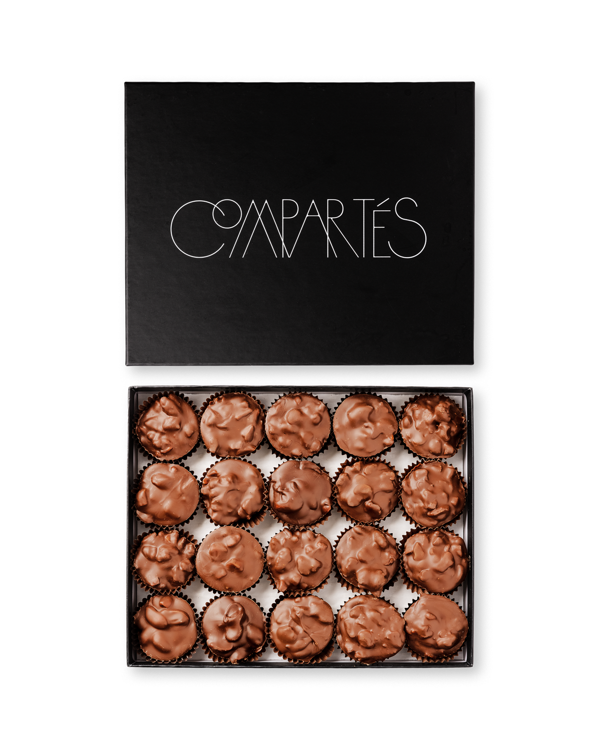 Compartes gourmet milk chocolate covered nuts, milk chocolate nut clusters in a black gift box