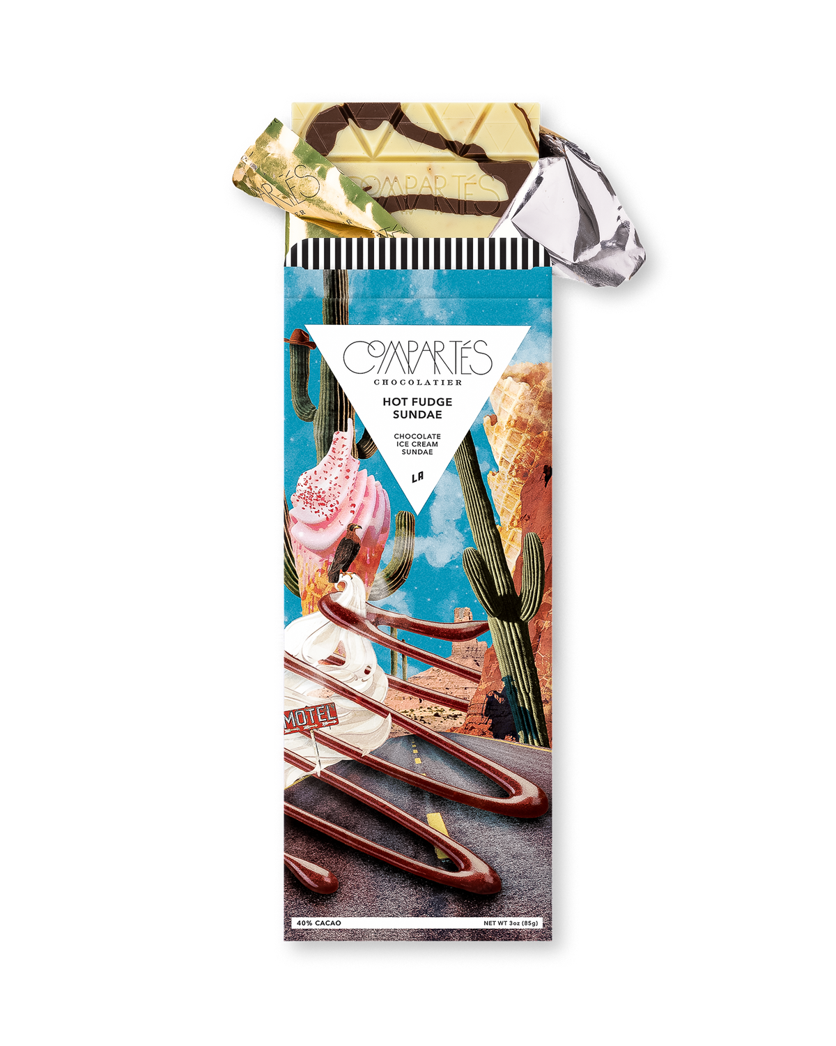 Compartes best hot fudge sundae chocolate gift bar, desert and ice cream wrapper, white chocolate, vanilla and waffle cone
