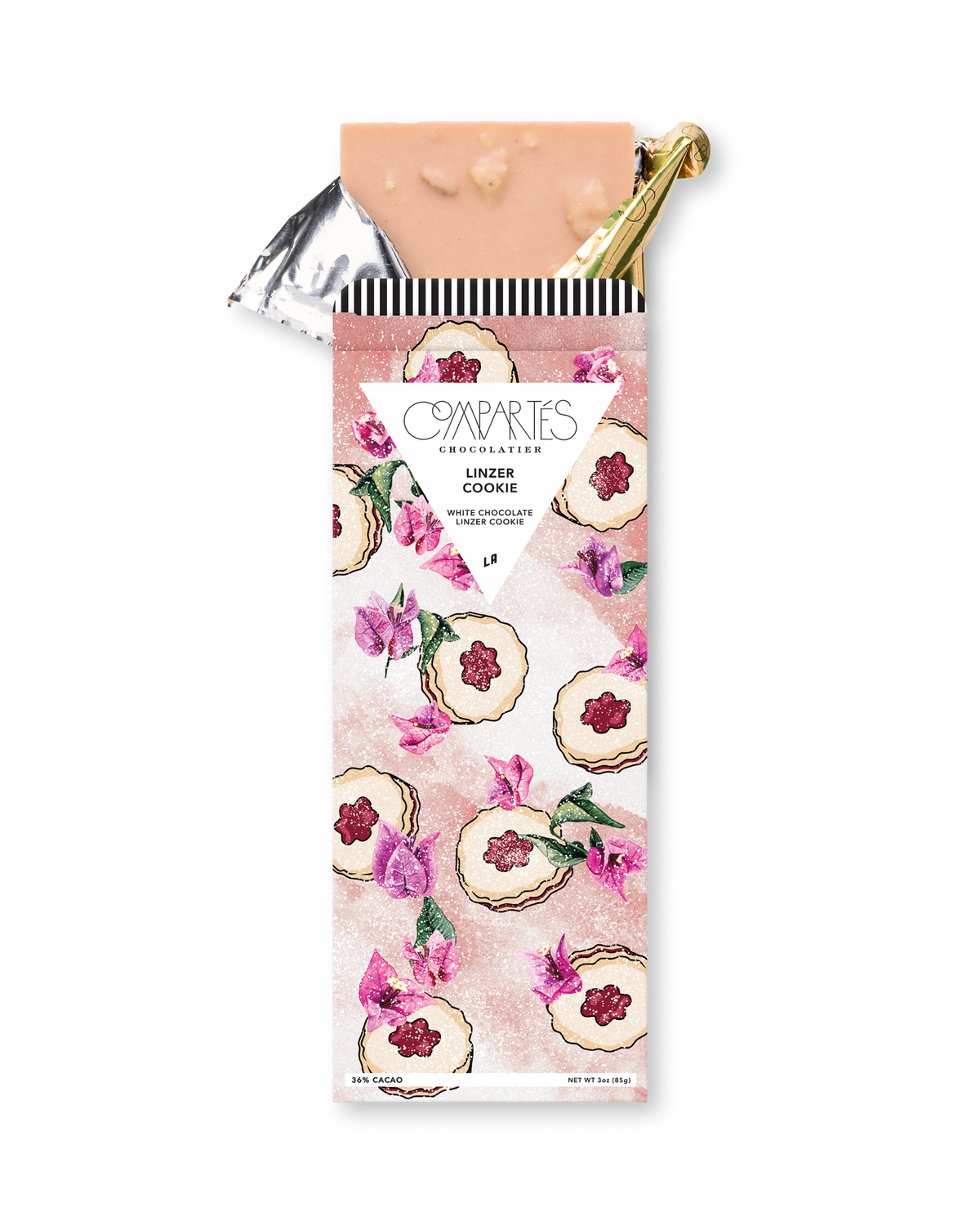 Compartes luxury linzer cookie chocolate gift bar, soft pink cookie and orchid wrapper, white chocolate, raspberry