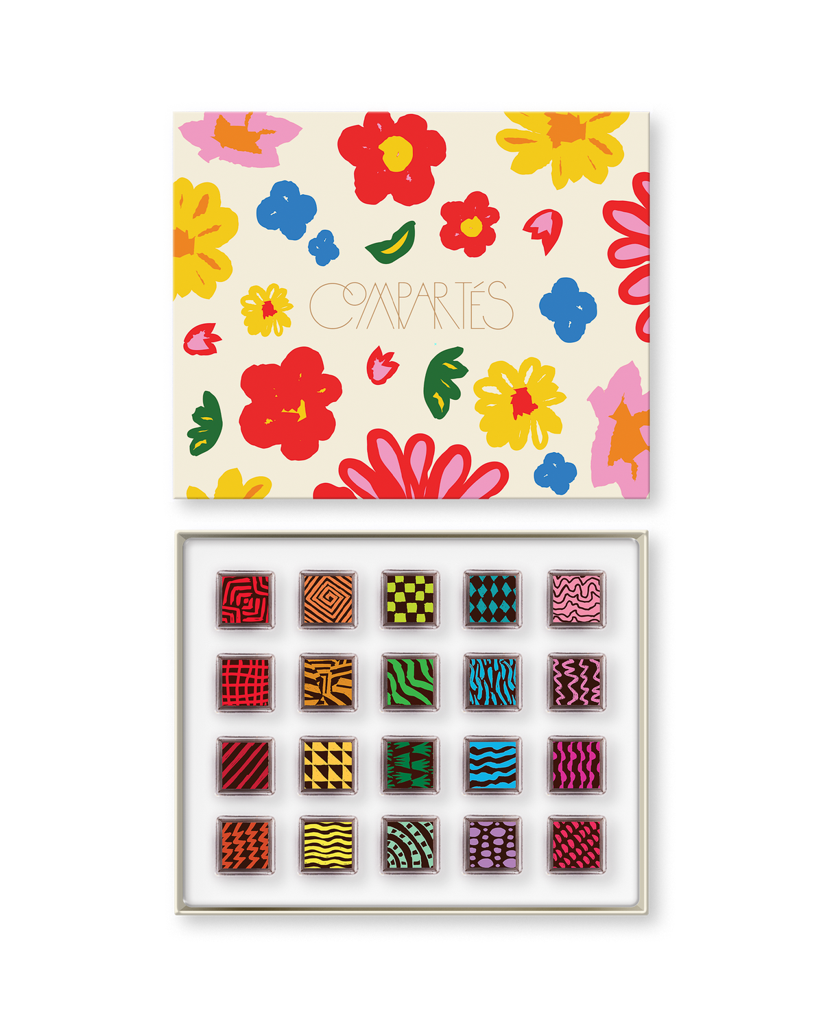 Compartes luxury chocolate truffle gift box, signature truffles in deep red and yellow patterns, floral lid