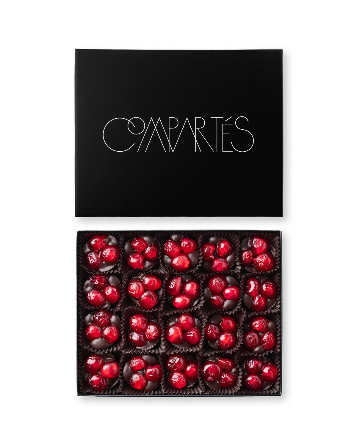 Compartes luxury chocolate covered cherries gift box, deep red cherries in dark chocolate