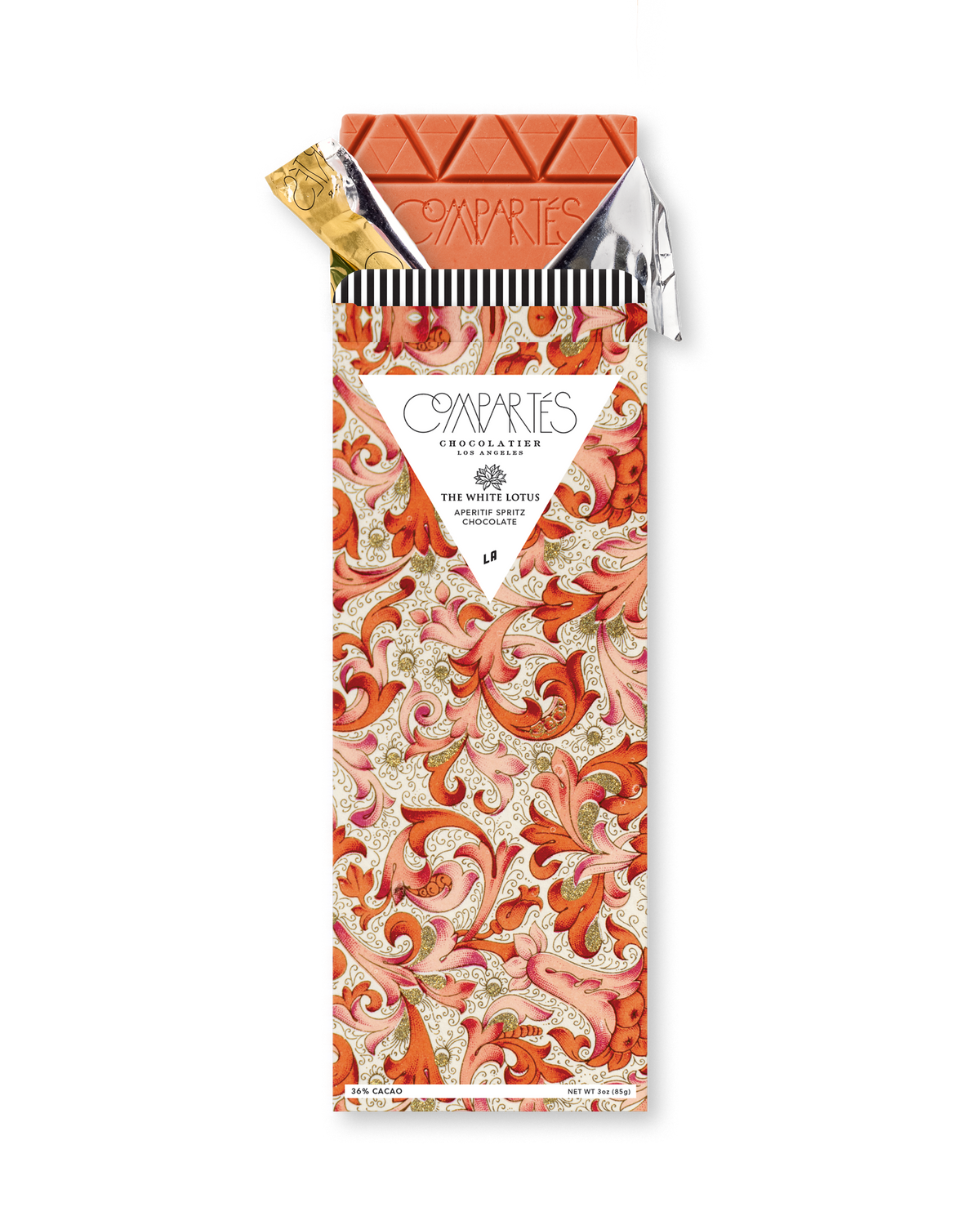 Compartes luxury the White Lotus aperitif spritz chocolate bar, coral and cream scroll wrapper, chocolate gift, orange