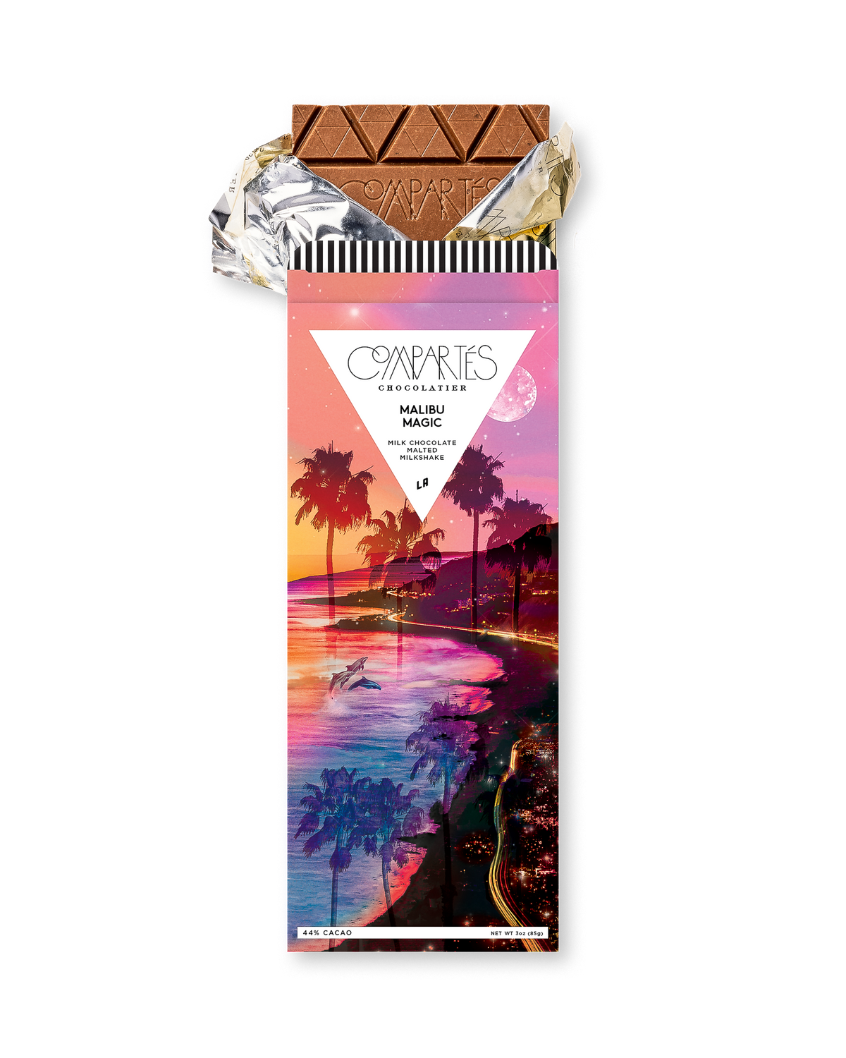 Compartes luxury malted milkshake chocolate bar, milk chocolate in a Malibu sunset wrapper, chocolate gift, sea salt