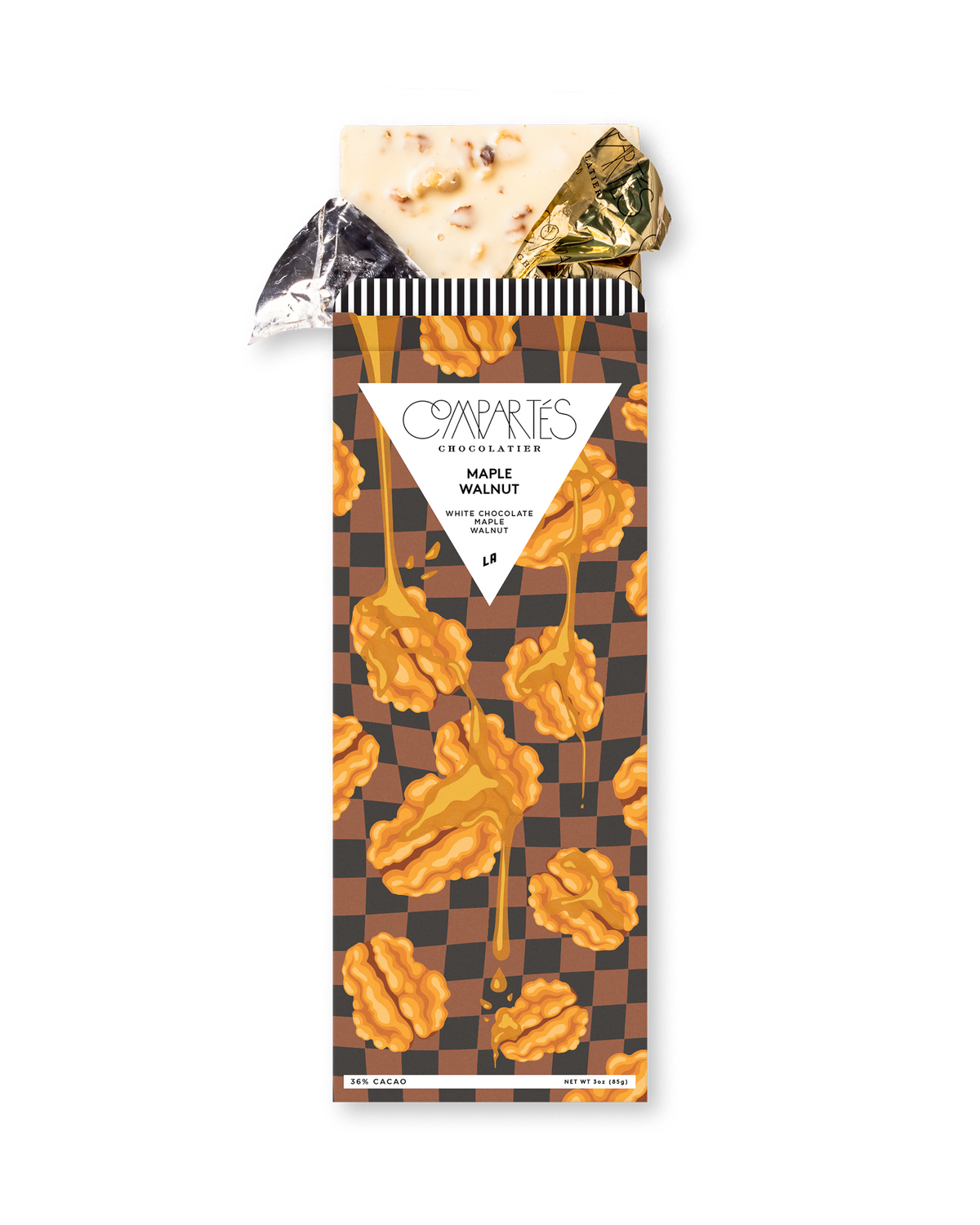Compartes luxury maple walnut chocolate bar, white chocolate in a brown checkerboard walnut wrapper, chocolate gift