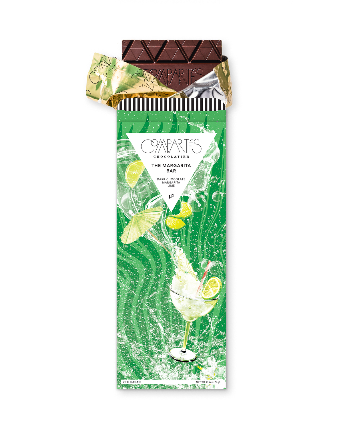Compartes gourmet margarita tequila chocolate bar, dark chocolate in a green lime and cocktail wrapper, chocolate gift