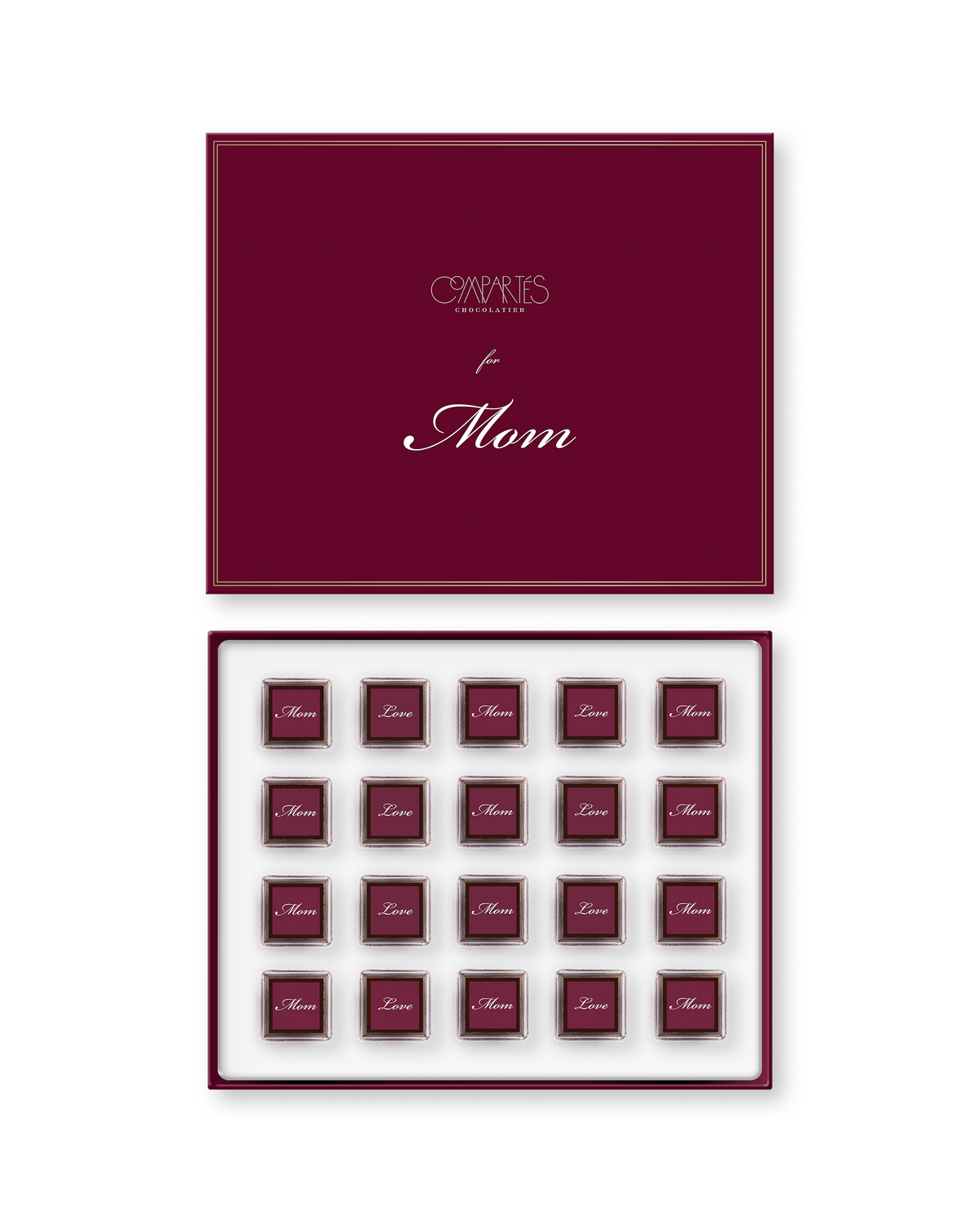 Compartes best Mother's Day chocolate gift box, deep burgundy squares reading Mom and Love, champagne and orange