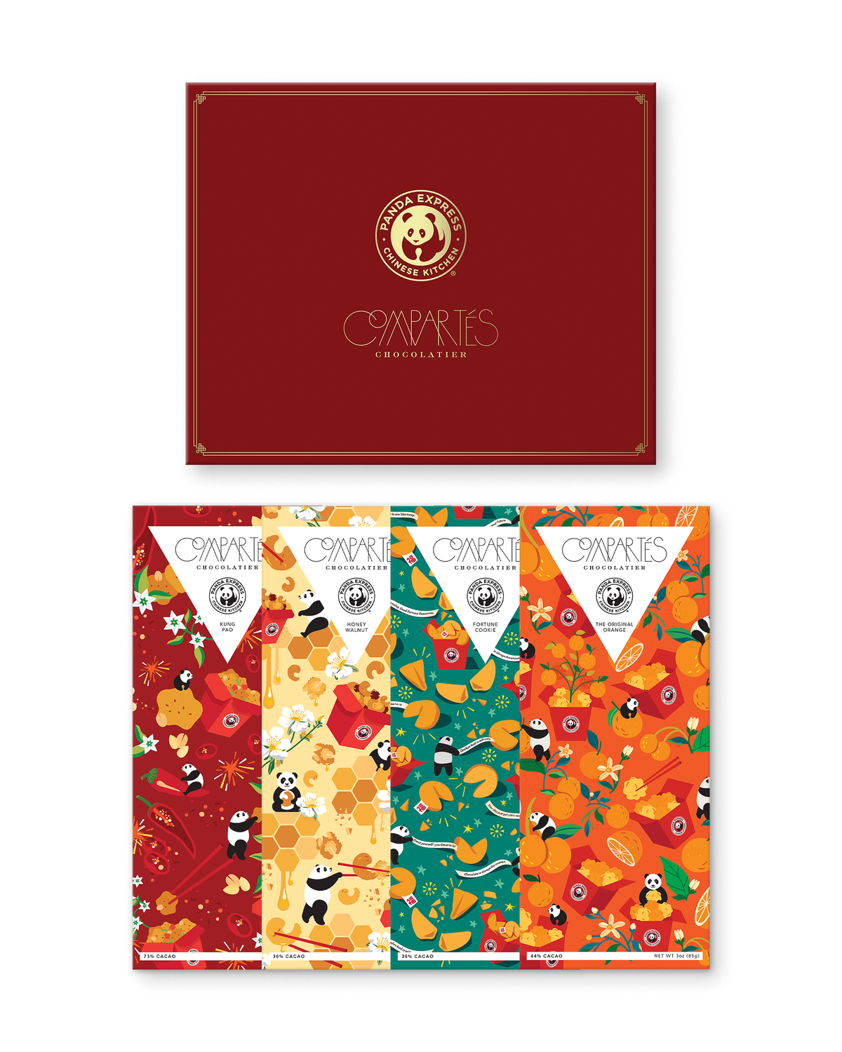 Compartes gourmet Panda Express chocolate bar gift set, panda wrappers under a deep red and gold lid