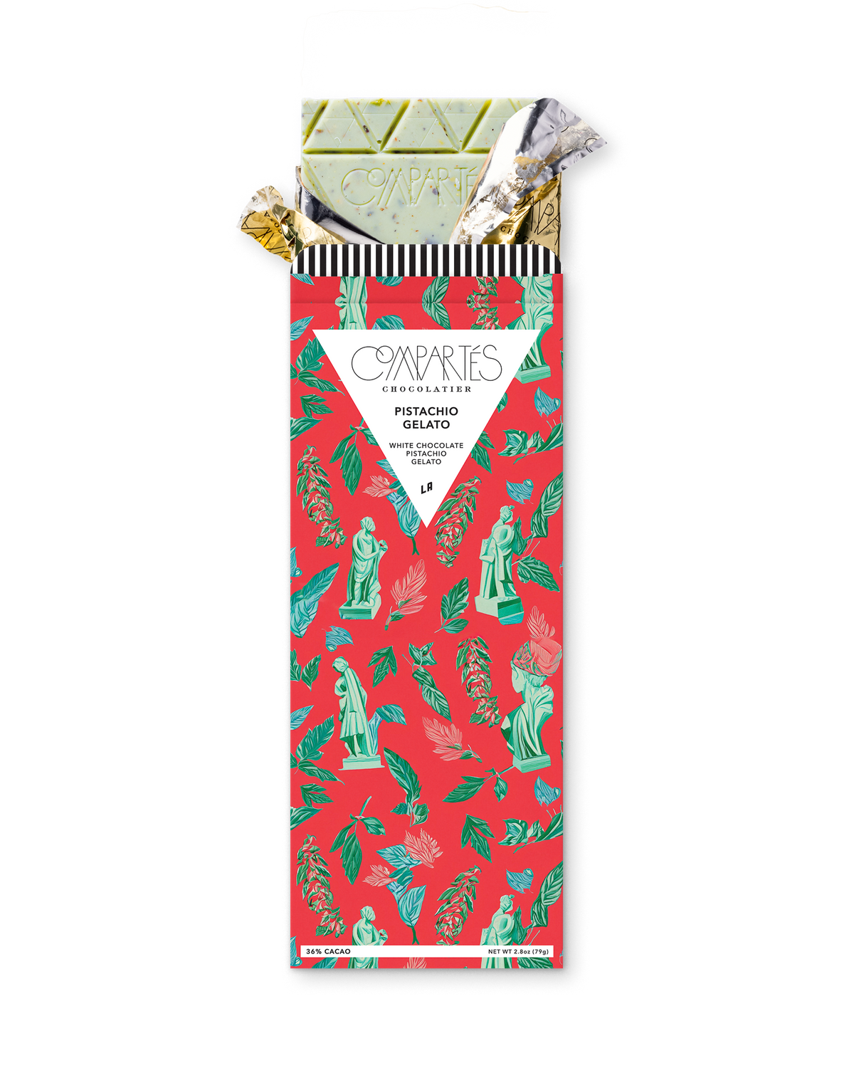 Compartes gourmet pistachio gelato chocolate bar, white chocolate in a red statue print wrapper, chocolate gift, sea salt
