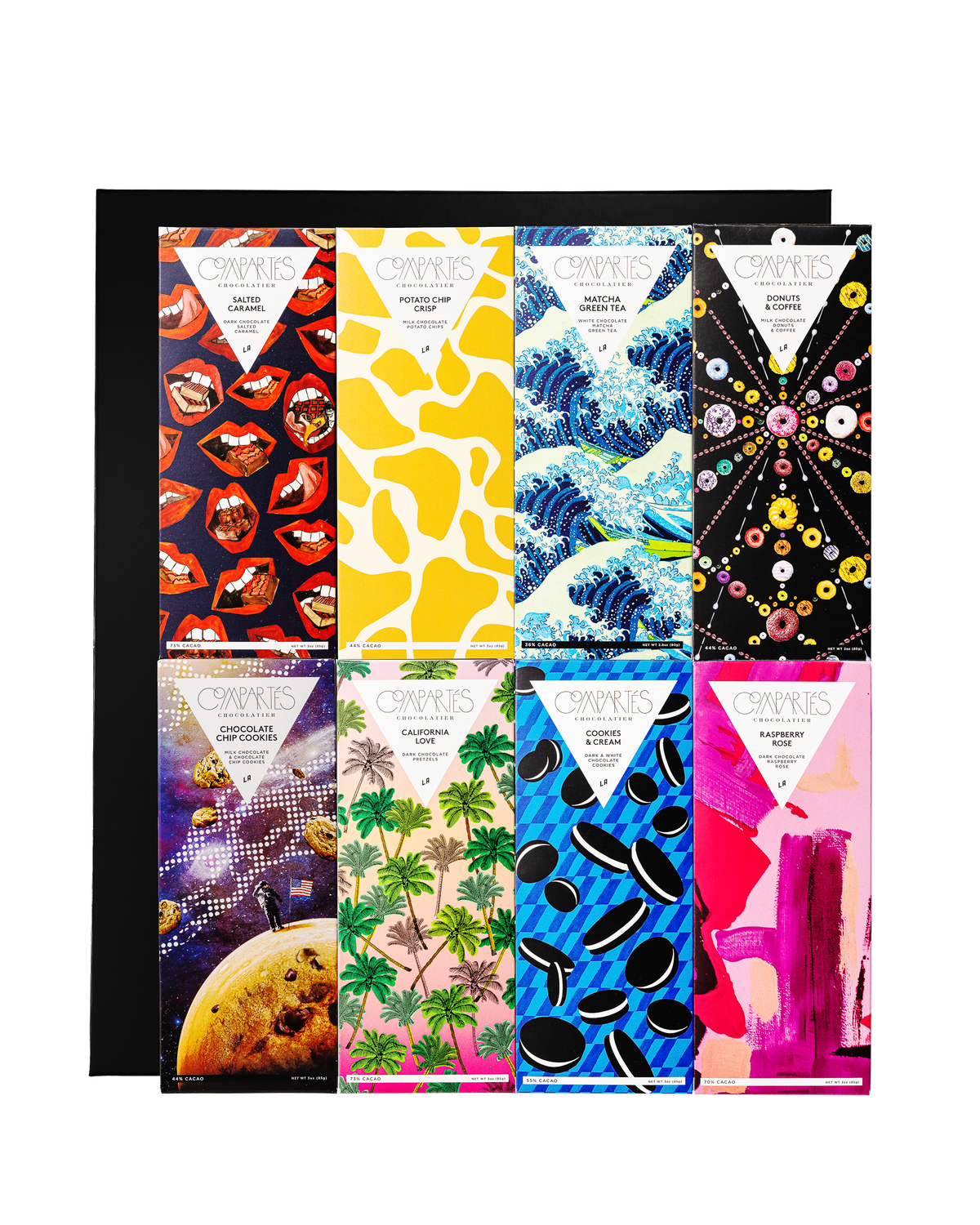 Compartes best premium chocolate bar gift set, illustrated wrappers laid in a black chocolate gift box