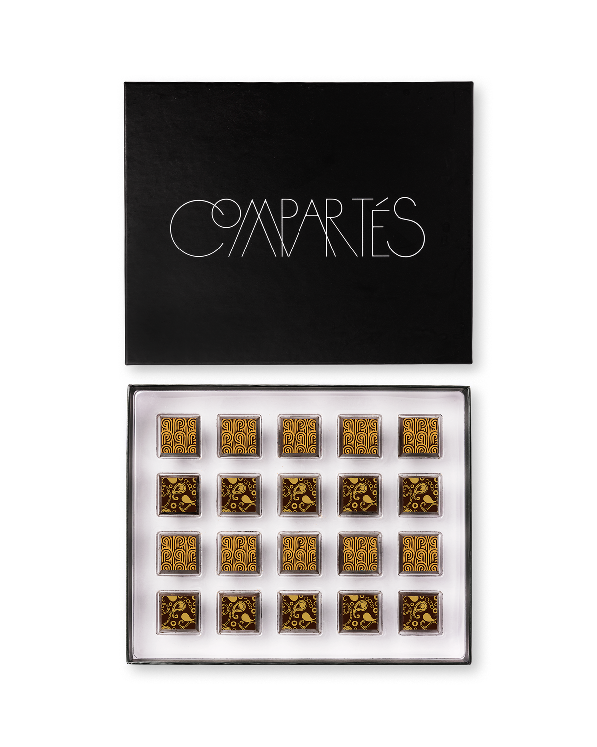Compartes best boozy chocolate gift box, gold patterned truffles under a black lid, champagne and whiskey