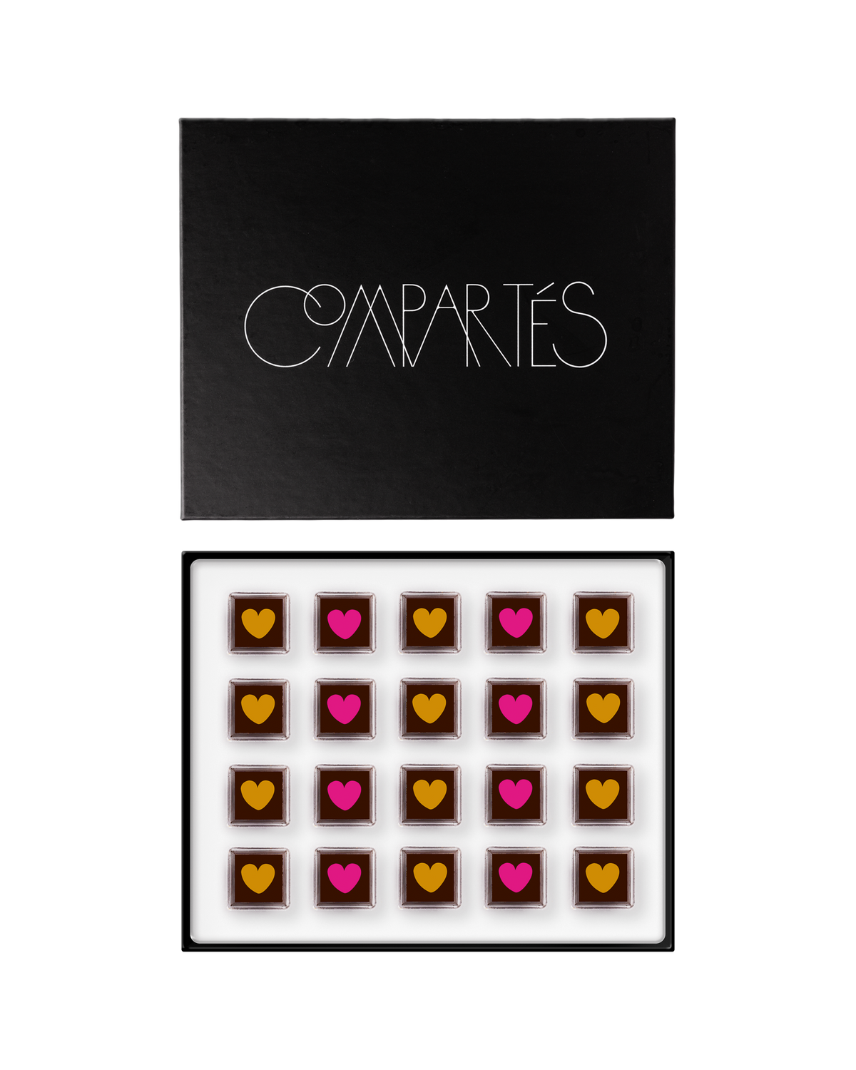 Compartes luxury sparkling rose and champagne chocolates, pink and gold heart squares, chocolate gift