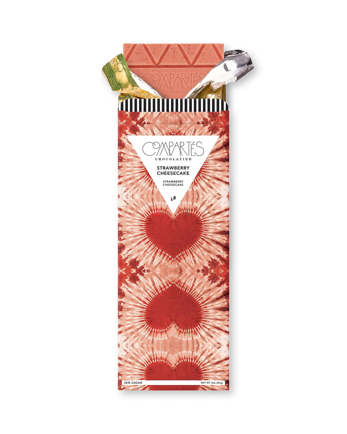 Compartes gourmet strawberry cheesecake chocolate bar, pink and red heart print wrapper, chocolate gift