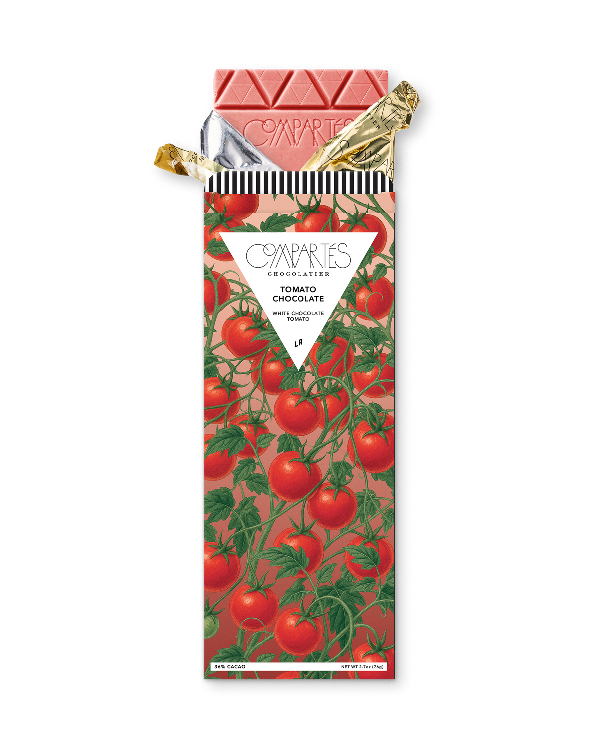 Compartes best tomato chocolate bar gift, red tinted white chocolate in a tomato vine wrapper