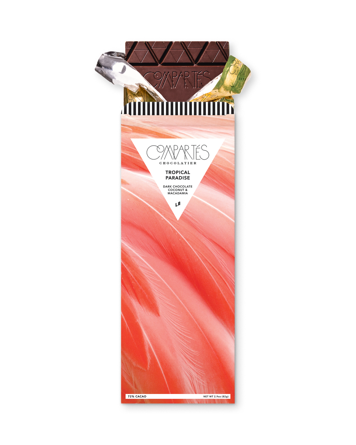 Compartes best tropical paradise dark chocolate bar, pink feather wrapper art, coconut and macadamia, chocolate gift