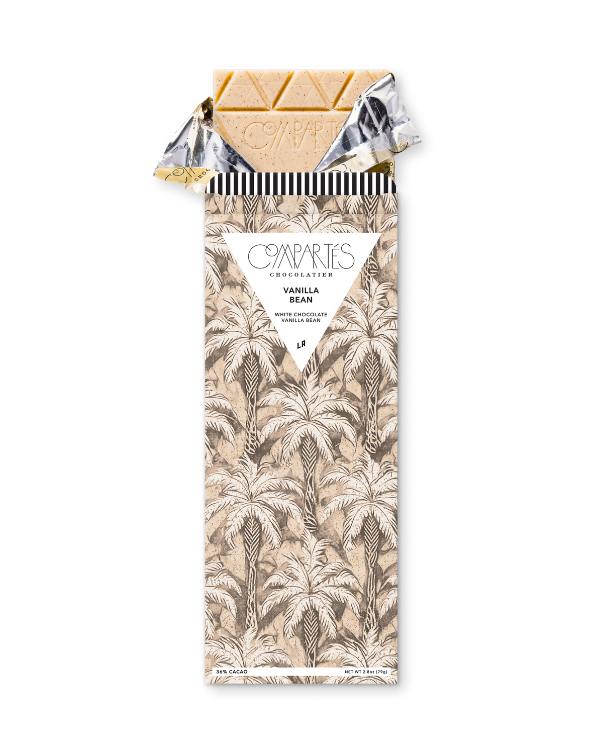 Compartes luxury vanilla bean chocolate bar gift, white chocolate in a cream palm tree wrapper