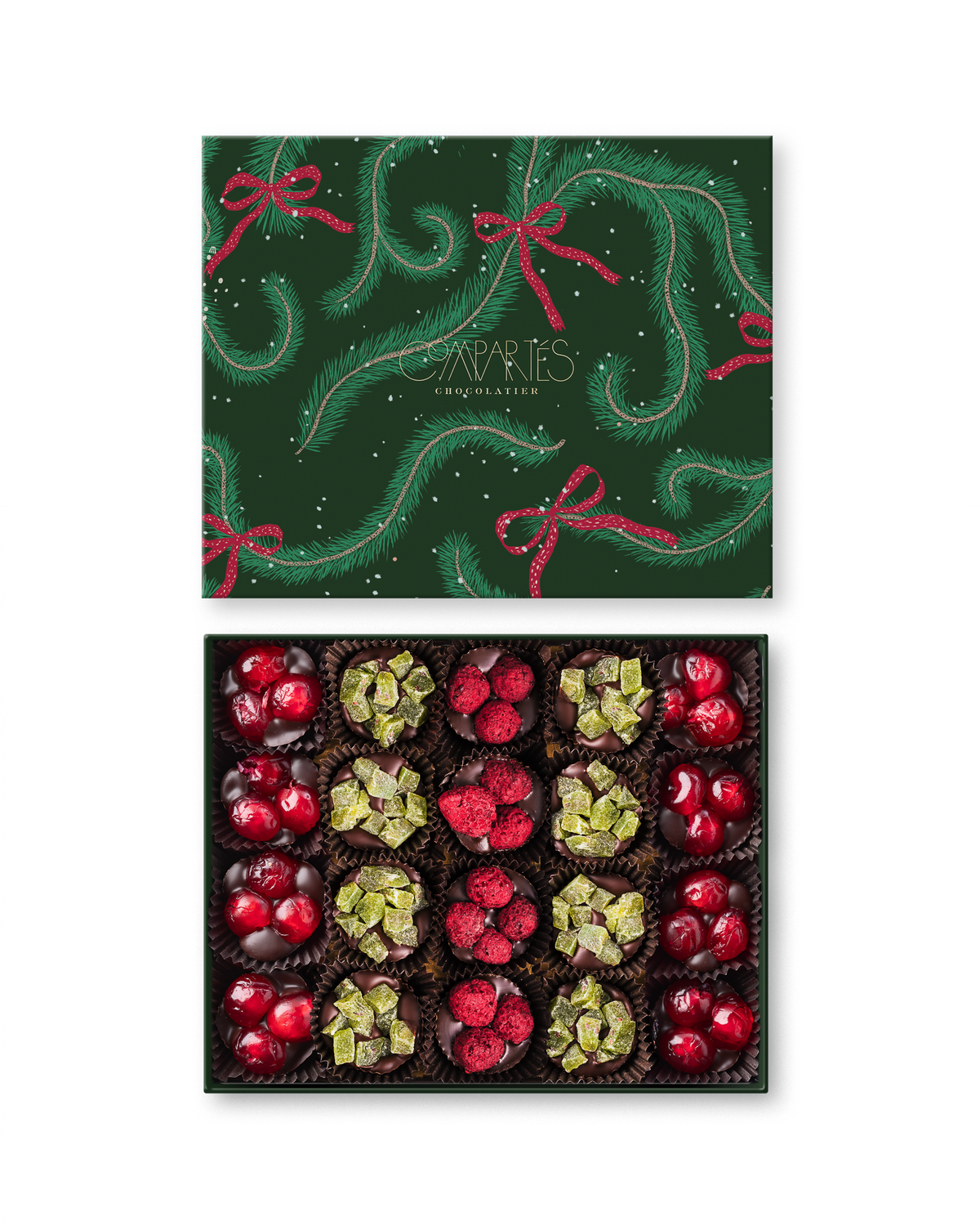 Compartes gourmet Vegan Christmas chocolates, dark chocolate clusters with cranberries and kiwi, pine print gift box