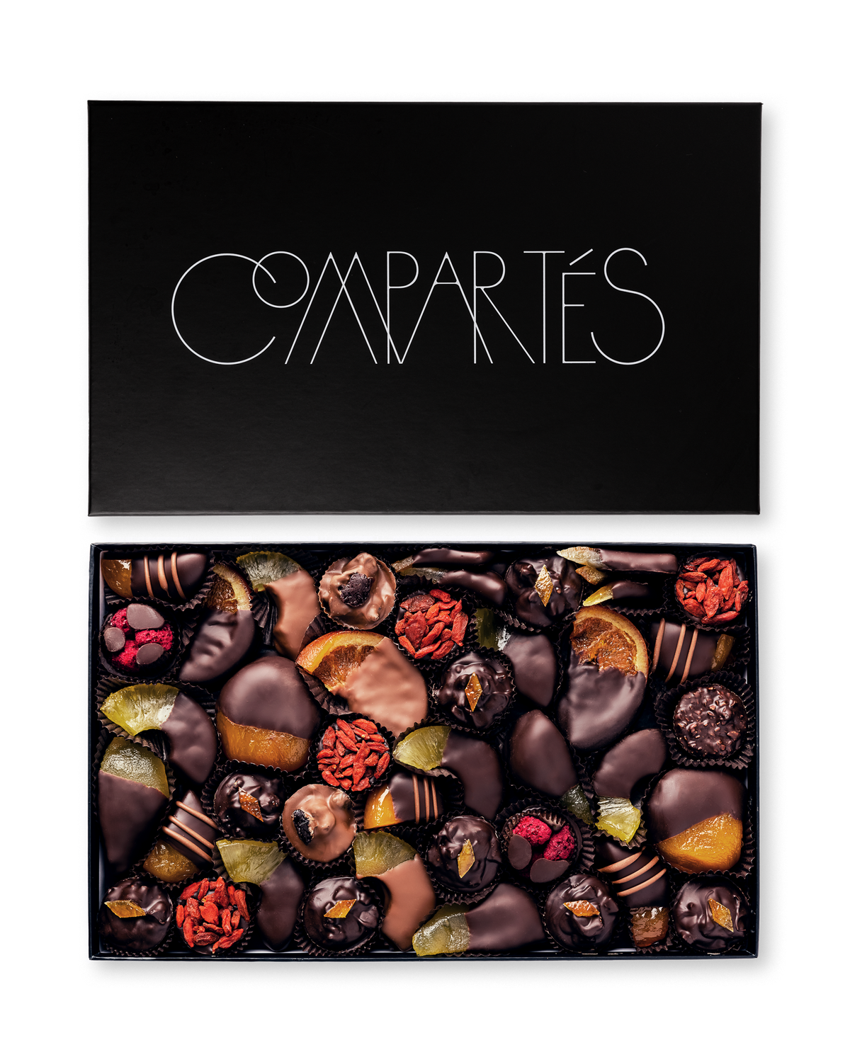 Compartes best chocolate covered fruits large gift box, dipped orange and apricot in a black box