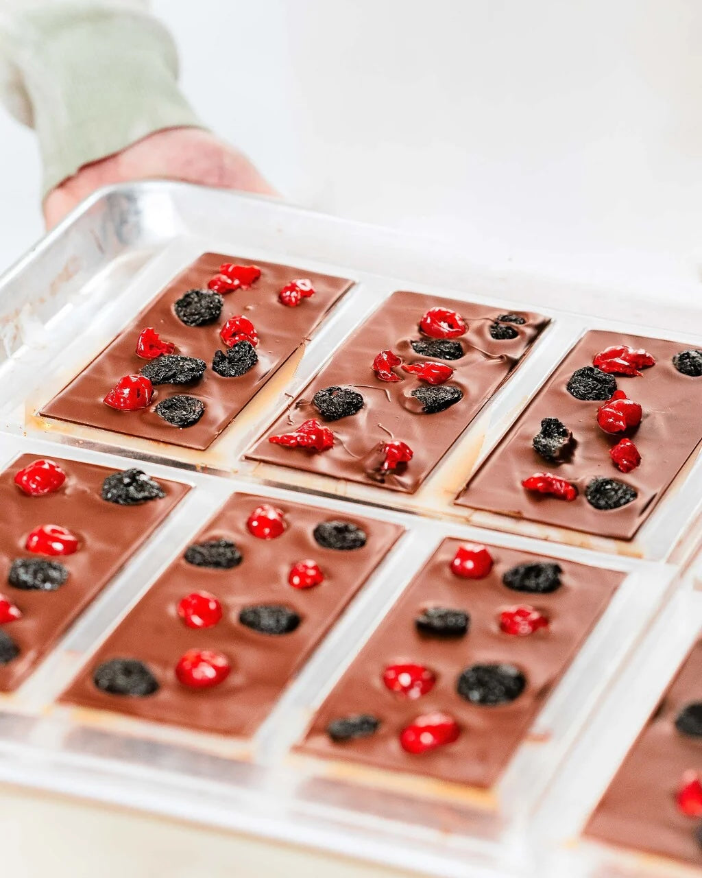 Person holding tray of freshly made chocolate bars — Compartés