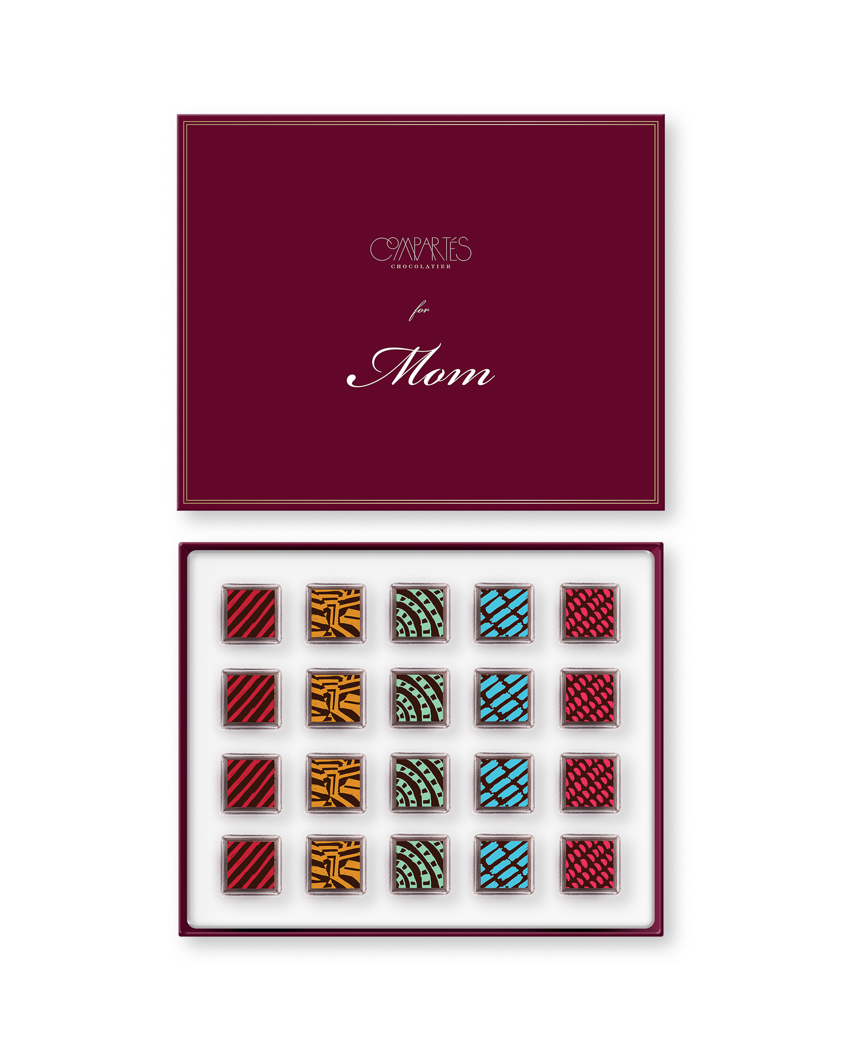 Compartes gourmet Vegan chocolate gift box for Mom, burgundy lid, squares in rich red, gold and blue patterns