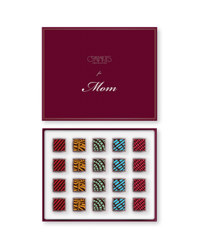 Compartes gourmet Vegan chocolate gift box for Mom, burgundy lid, squares in rich red, gold and blue patterns