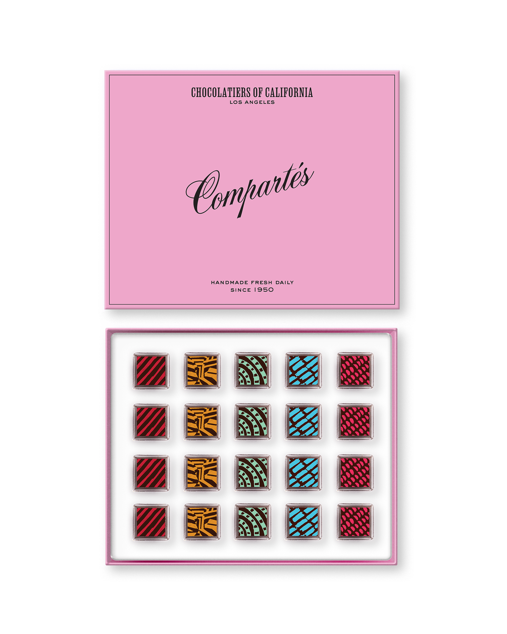 Compartes gourmet Vegan chocolate truffles in a pink gift box, squares in rich red, gold and blue patterns