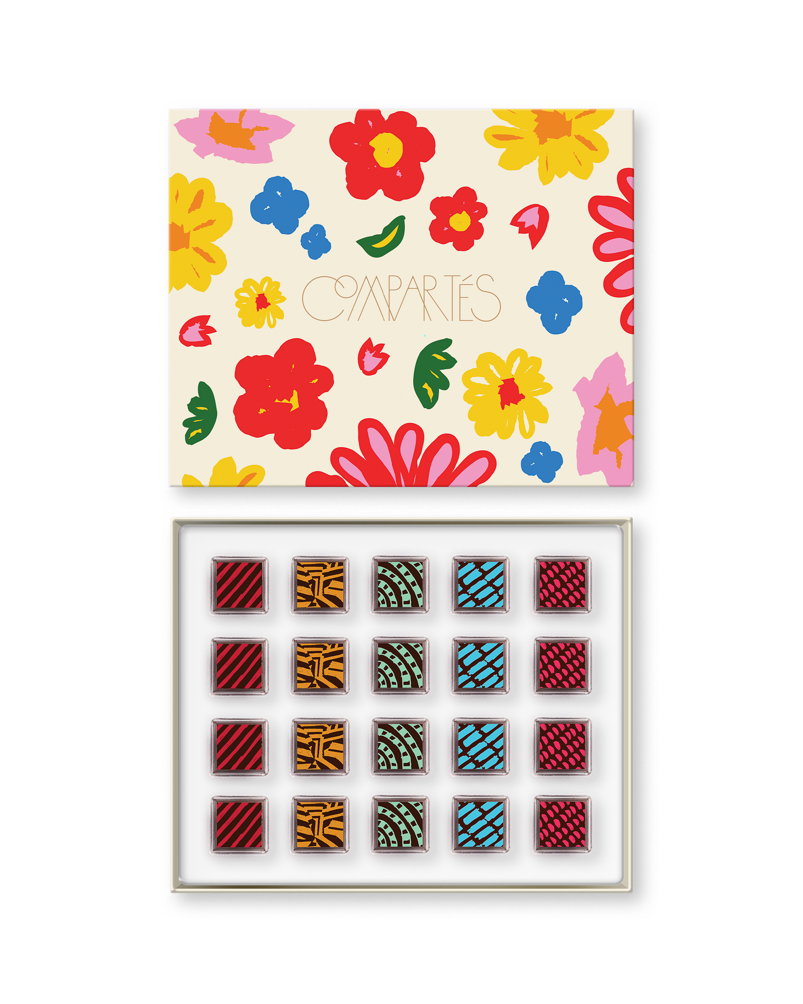 Compartes gourmet vegan chocolate gift box, patterned truffles in deep red and teal, cream floral lid