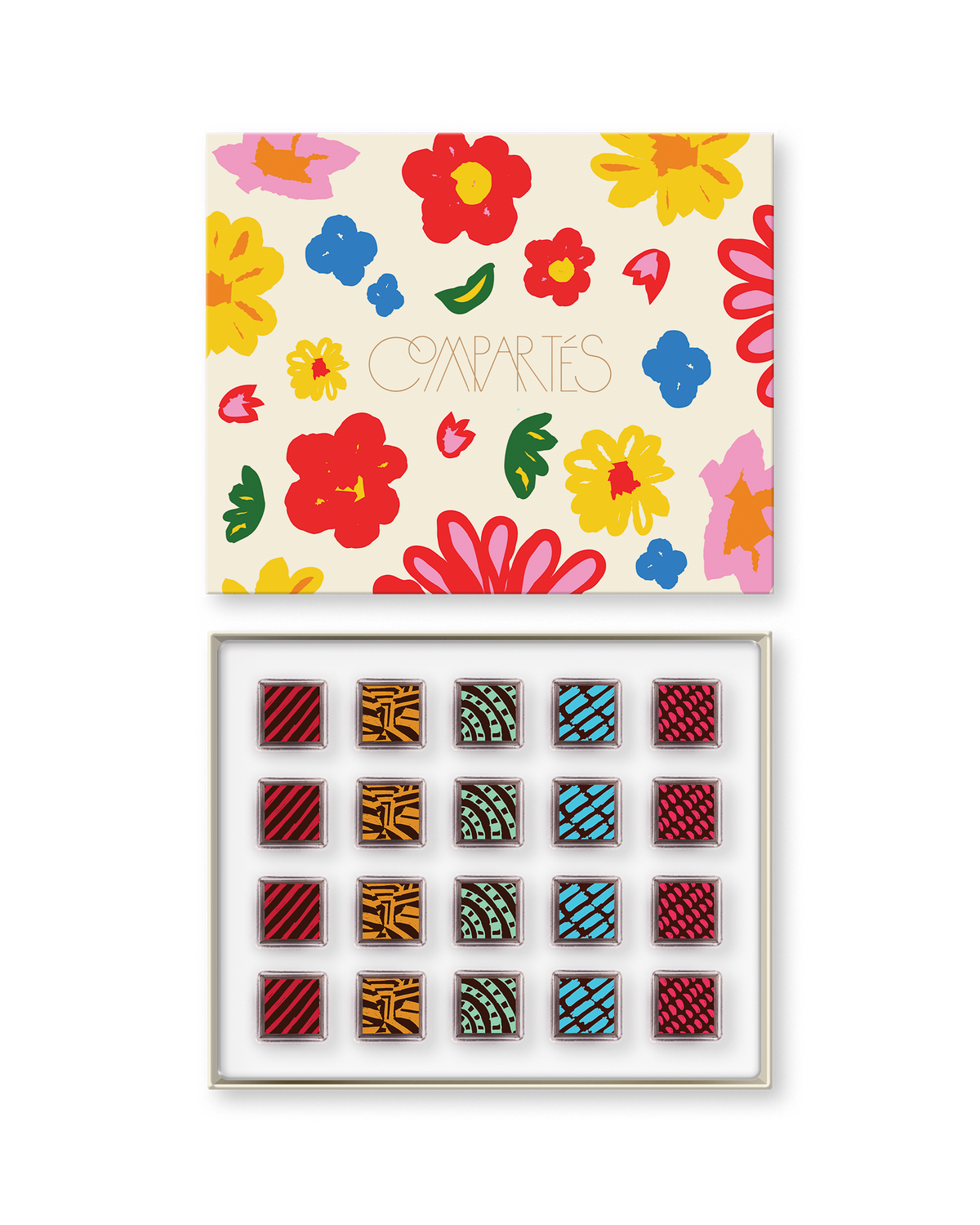 Compartes gourmet vegan chocolate gift box, patterned truffles in deep red and teal, cream floral lid