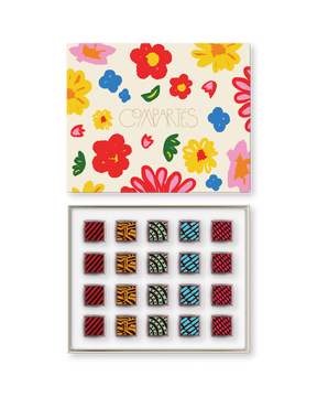 Compartes gourmet vegan chocolate gift box, patterned truffles in deep red and teal, cream floral lid
