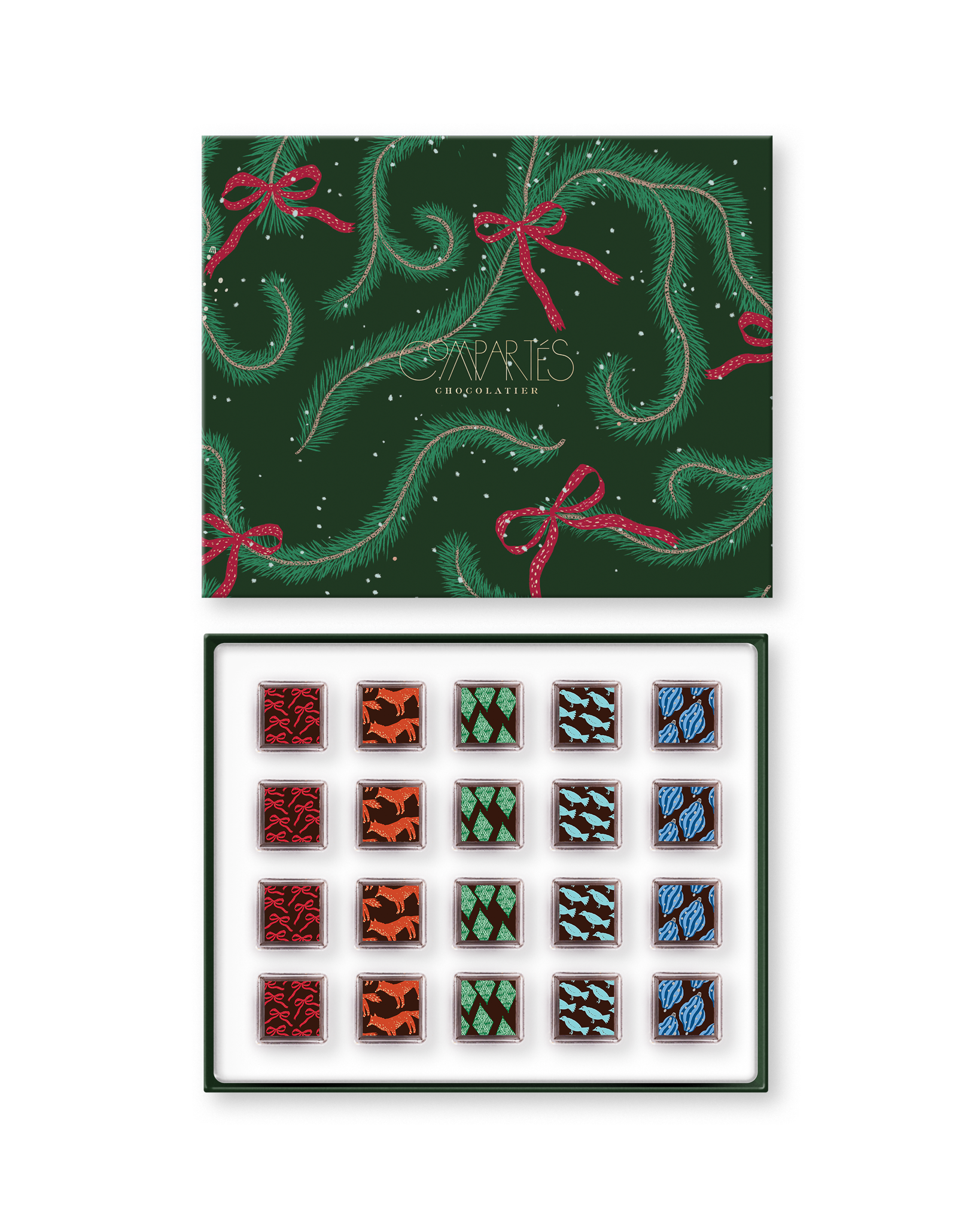 Compartes gourmet Christmas chocolate truffles in a green pine print gift box, squares with deer and pine motifs